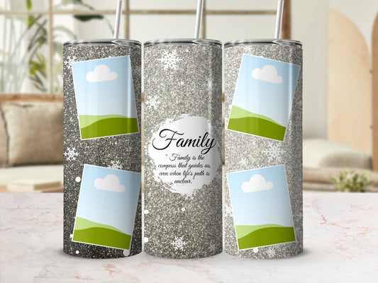 Three glitter tumblers with snowflakes and landscape photo placeholders, one with "Family" quote.