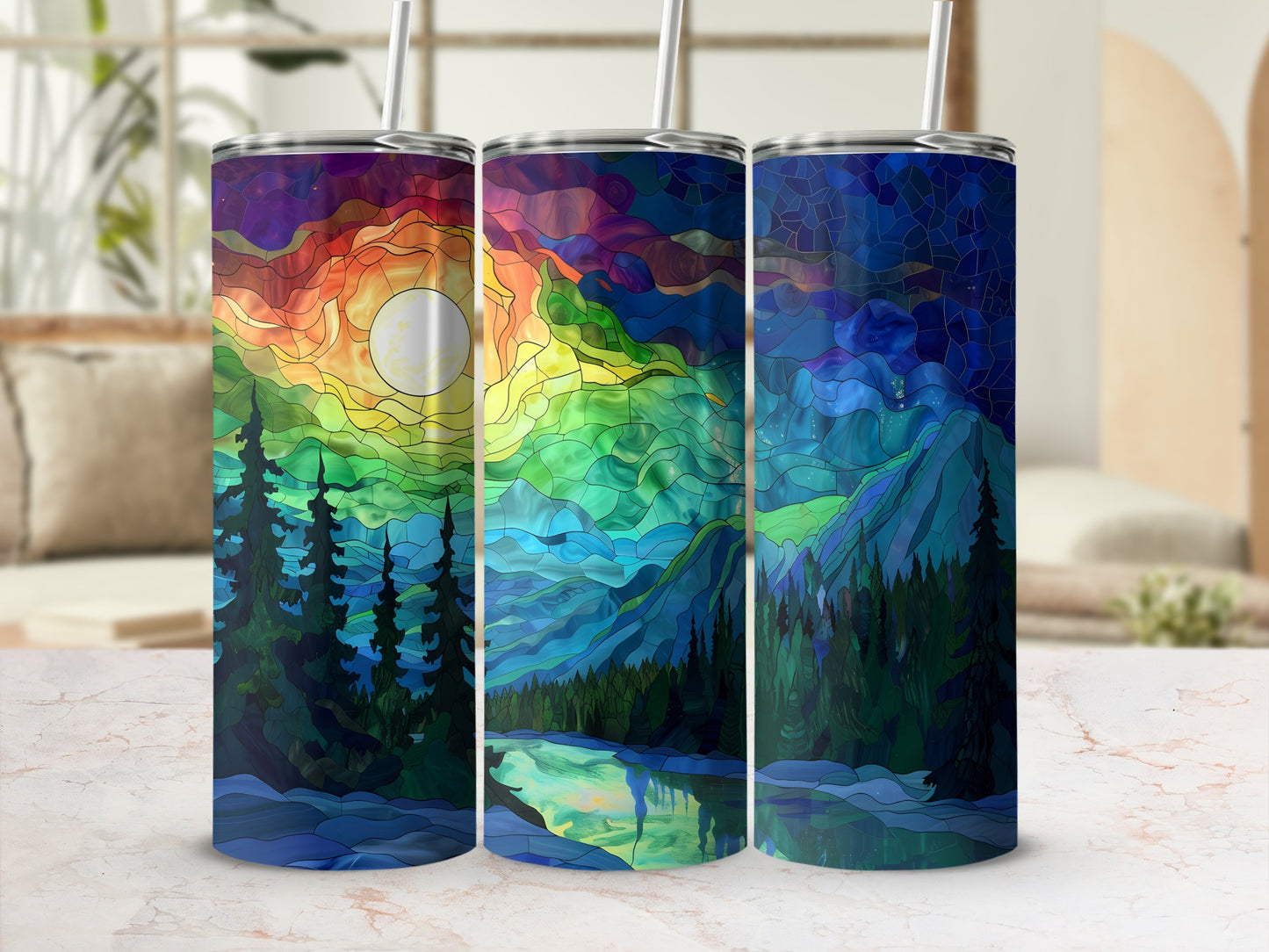Three tumblers showcasing a vibrant stained-glass landscape scene with mountains and a lake.