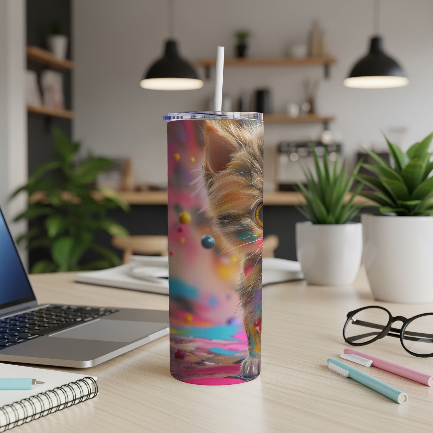 A tumbler with a close-up of a colorful cat and its fur.