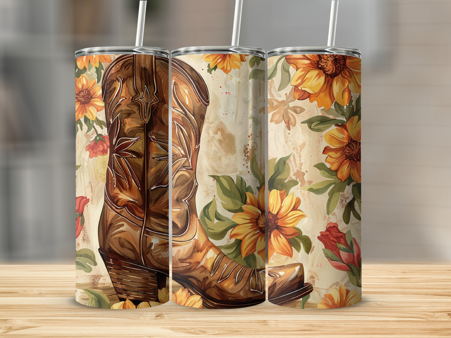 Brown cowboy boot with sunflowers on a textured background.