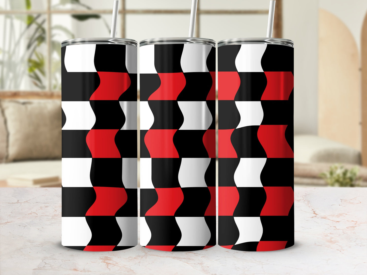 Three tumblers with a black, white, and red checkerboard wave pattern.