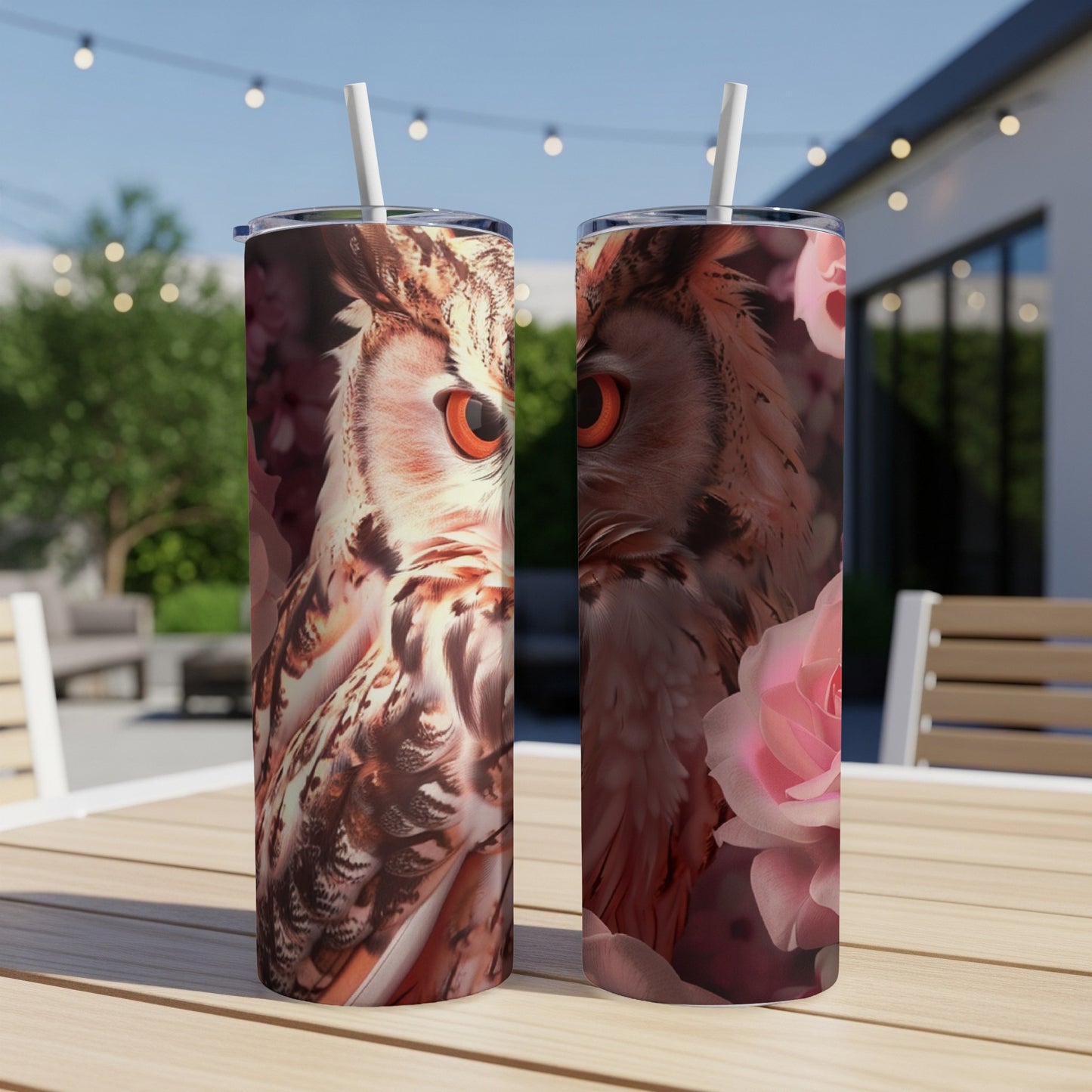 Two tumblers with close-up owl portraits and floral accents.