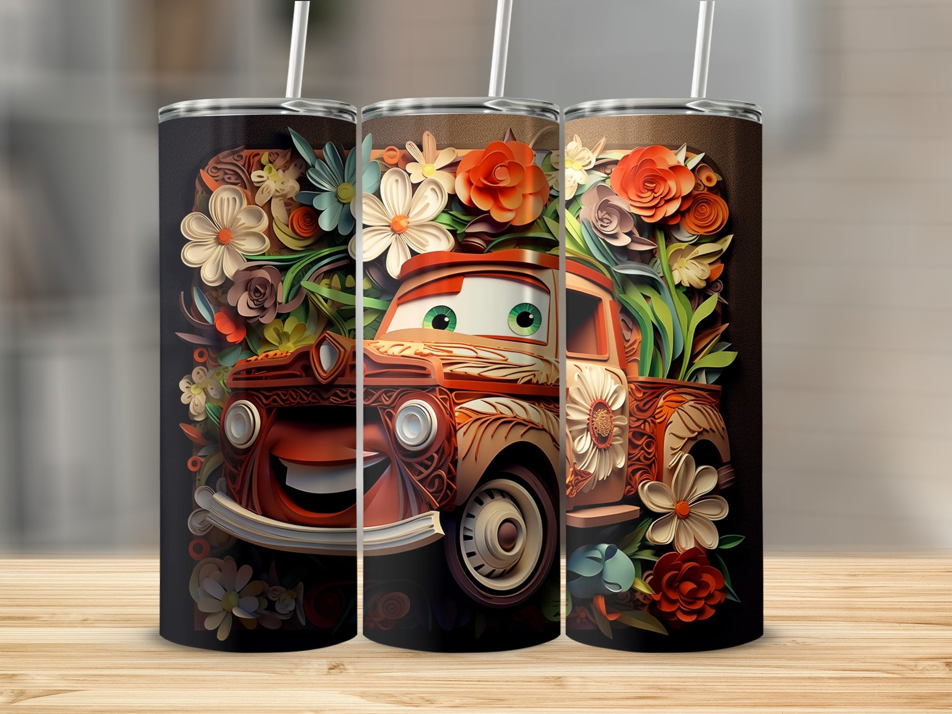 Vintage Car and Floral Pattern Custom Tumbler Item