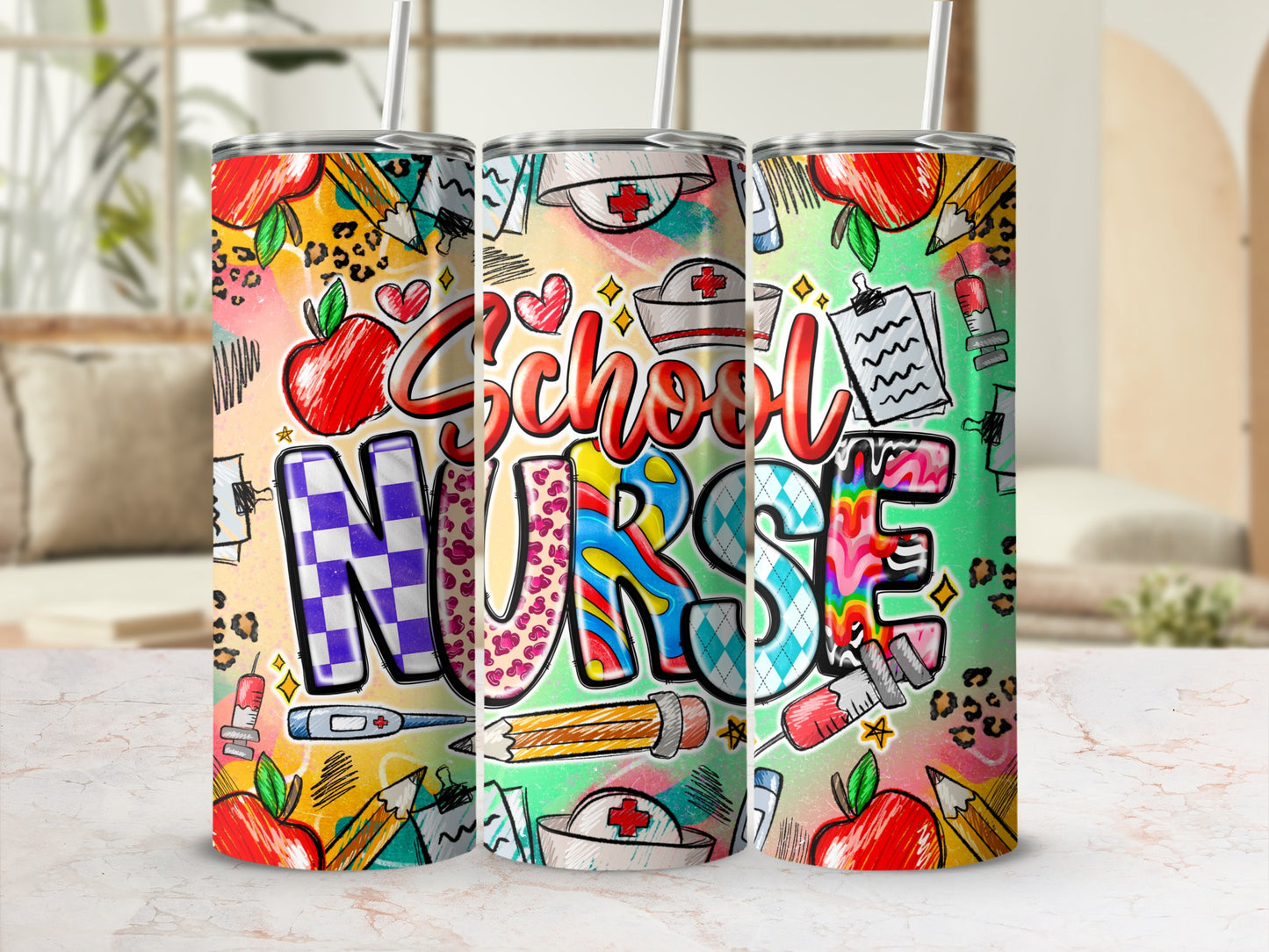"School Nurse" text graphic with apples, pencils, and medical symbols on tumblers.