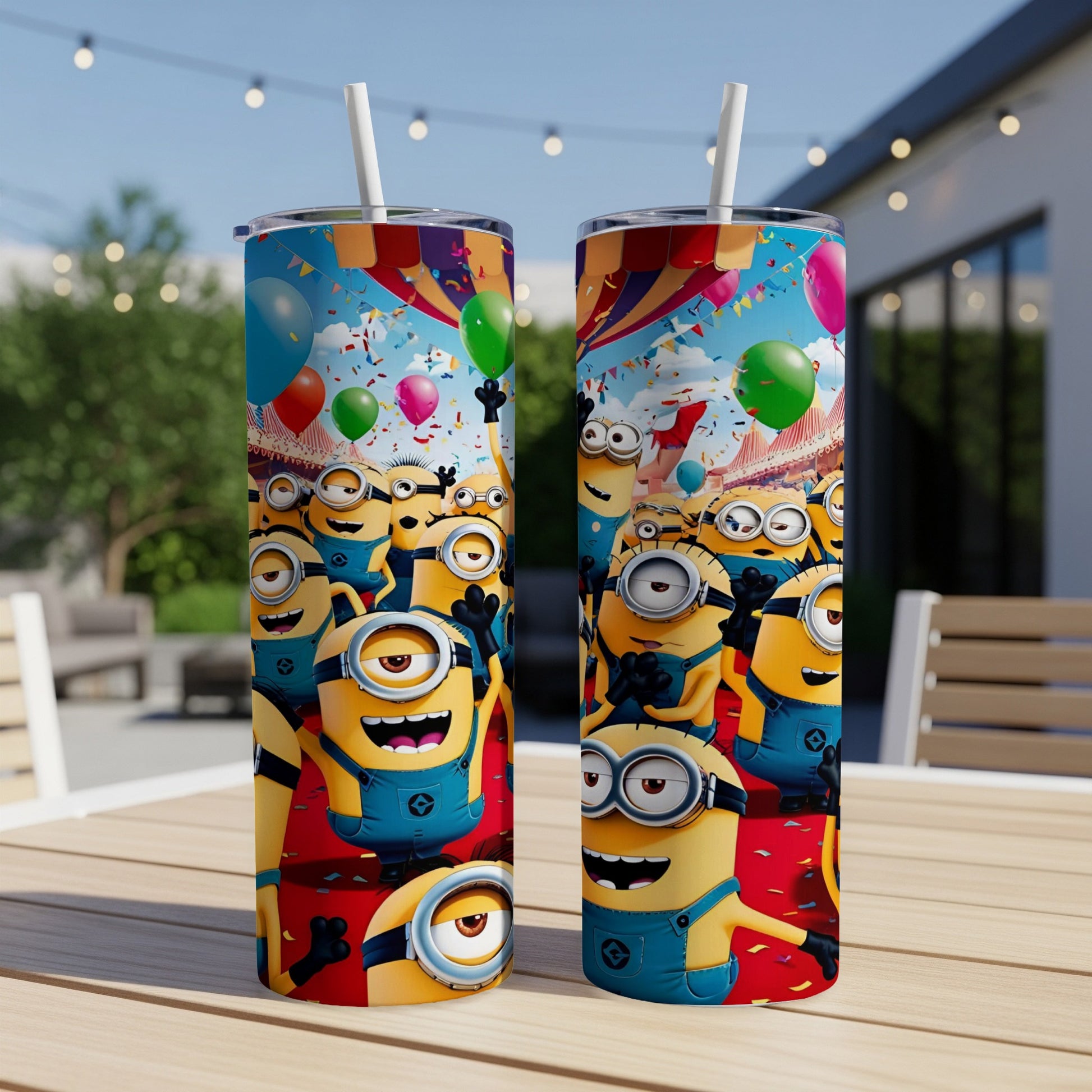 Two Minions-themed tumblers with balloons and carnival background.