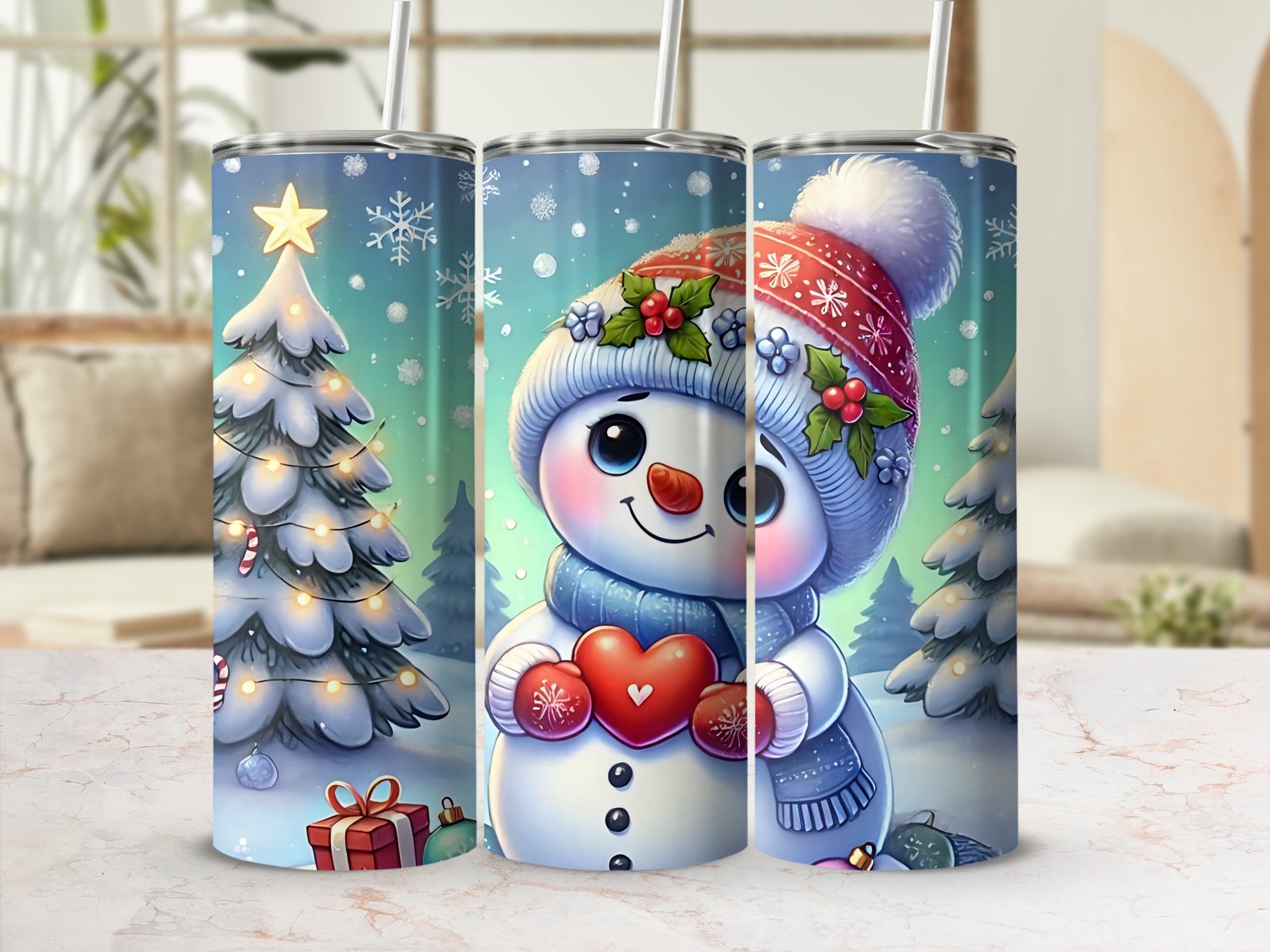 Festive Snowman and Christmas Tree Winter Tumbler