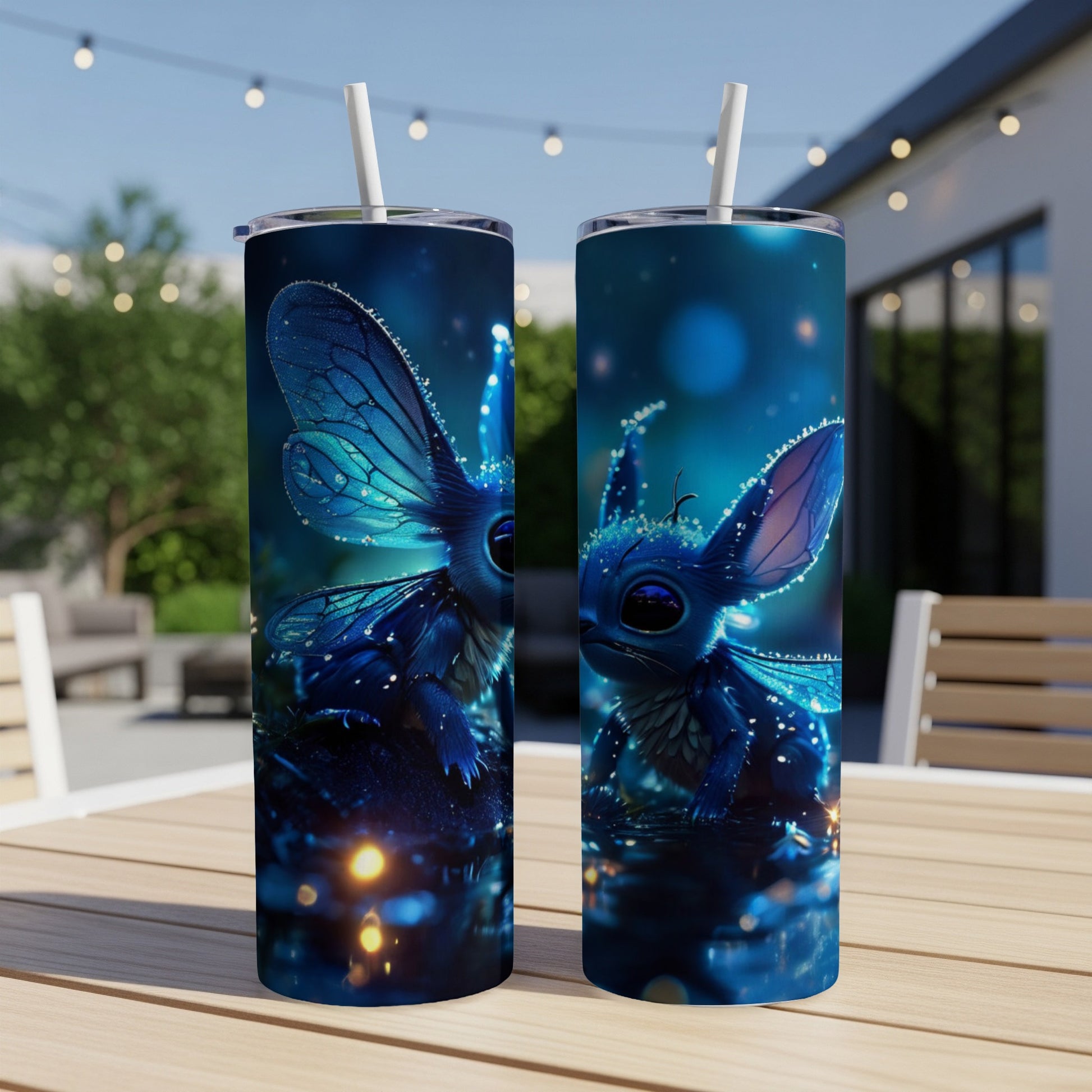 Two tall tumblers featuring a mystical blue winged creature with glowing accents.