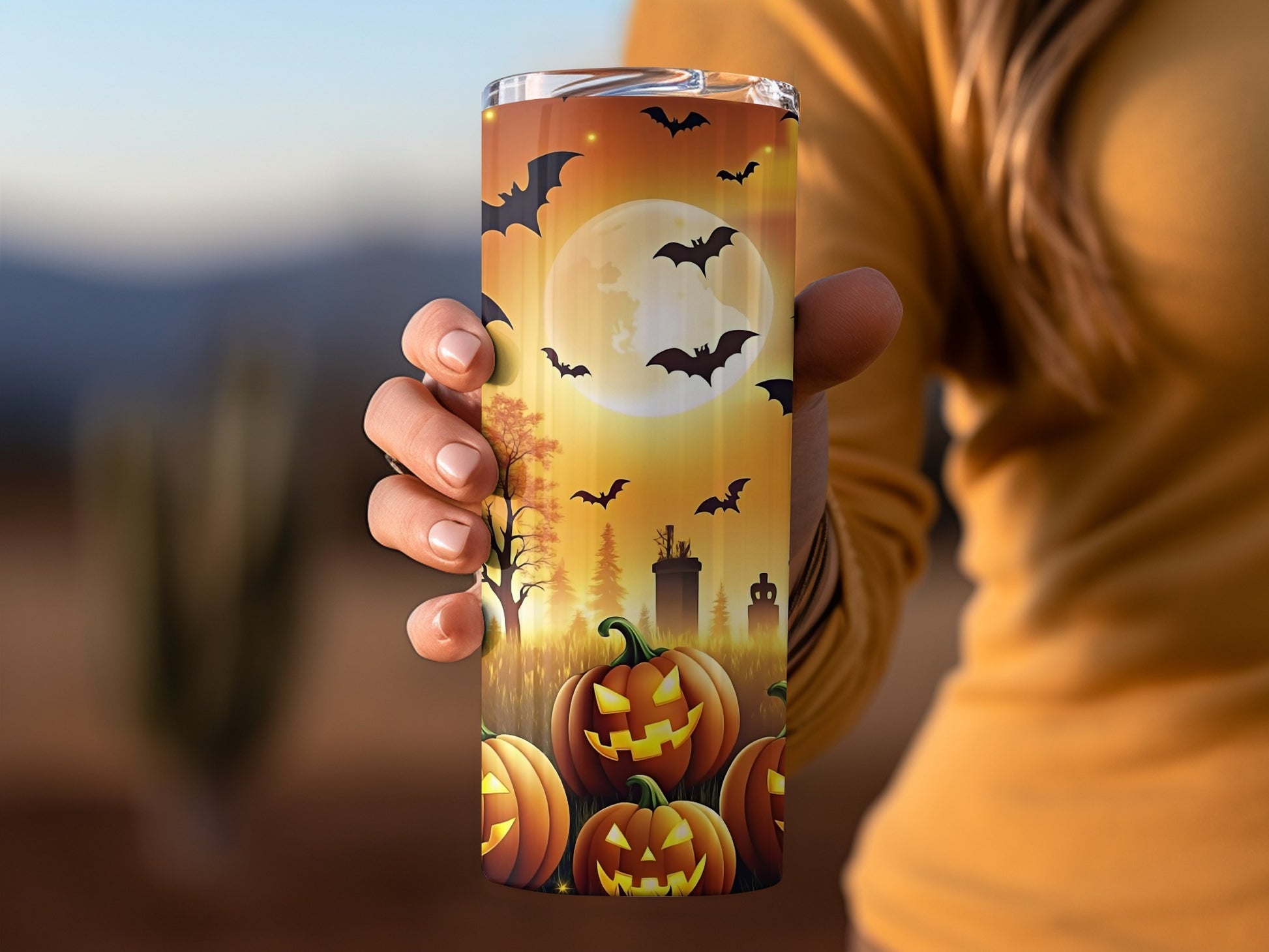Halloween Themed Travel Mug with Pumpkins and Bats