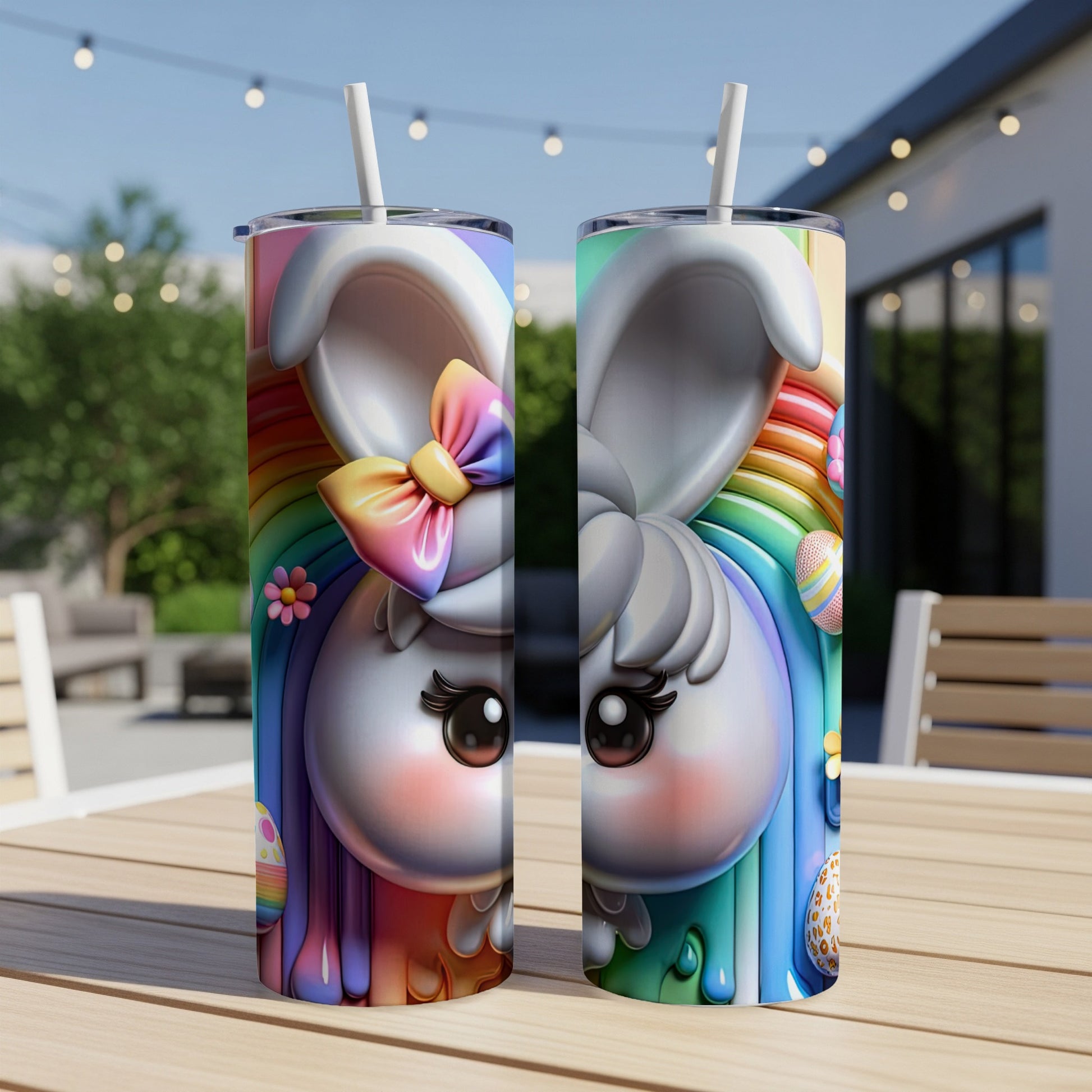 Easter bunny tumbler with rainbow and pastel eggs.