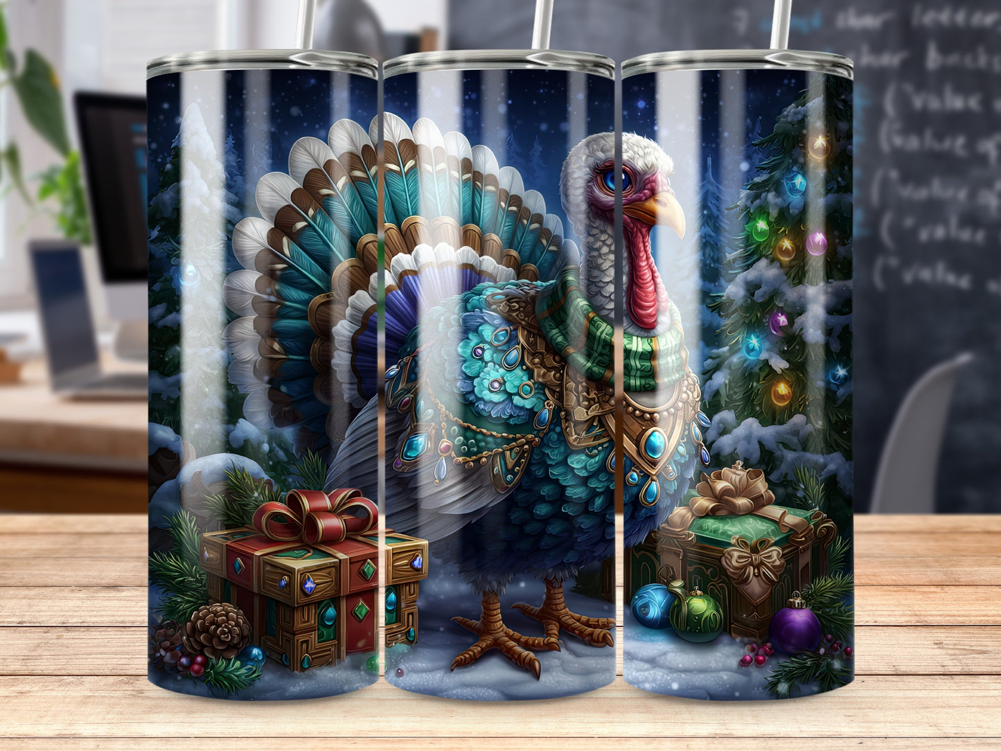Festive Turkey and Christmas Tree Tumbler Design