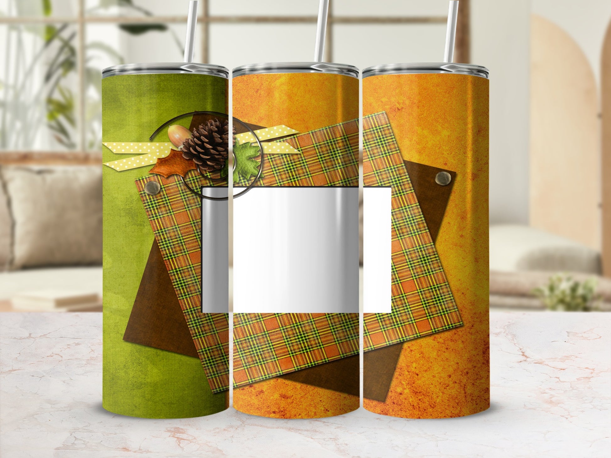 Three tumblers featuring autumn leaves and plaid designs, with a blank square for personalization.