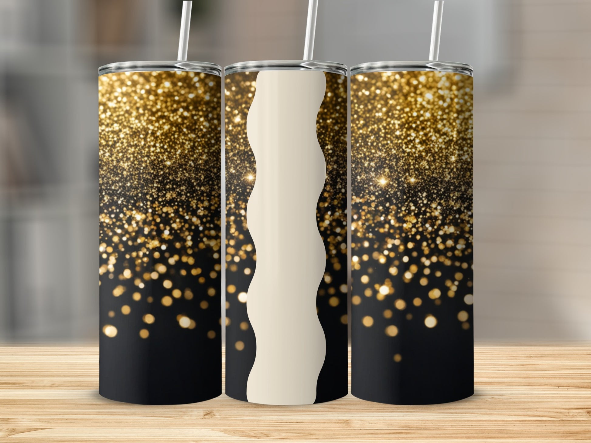 Gold glitter and bokeh on black tumbler with cream wavy stripe.
