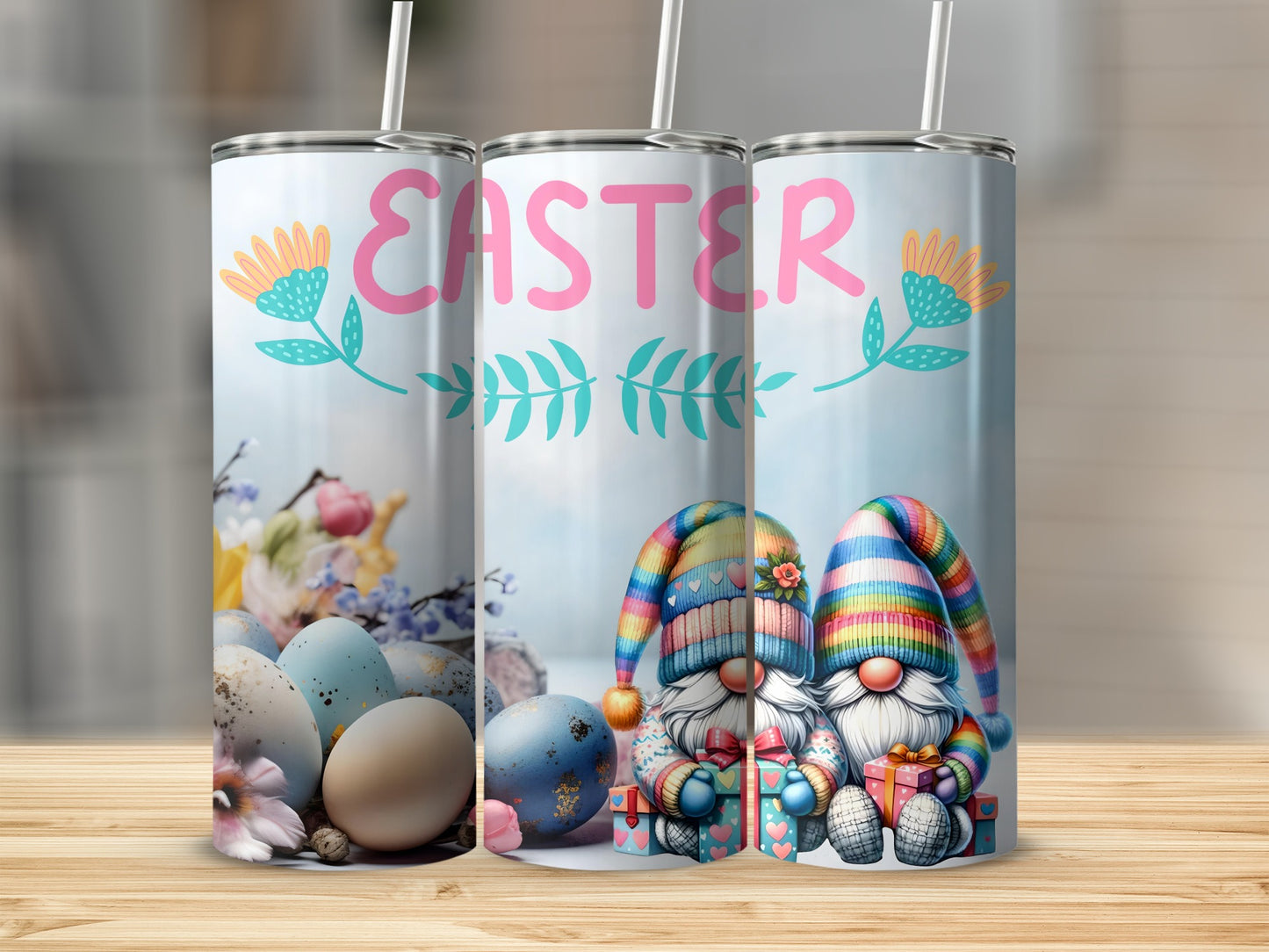 Colorful Easter Themed Tumbler with Gnomes Design