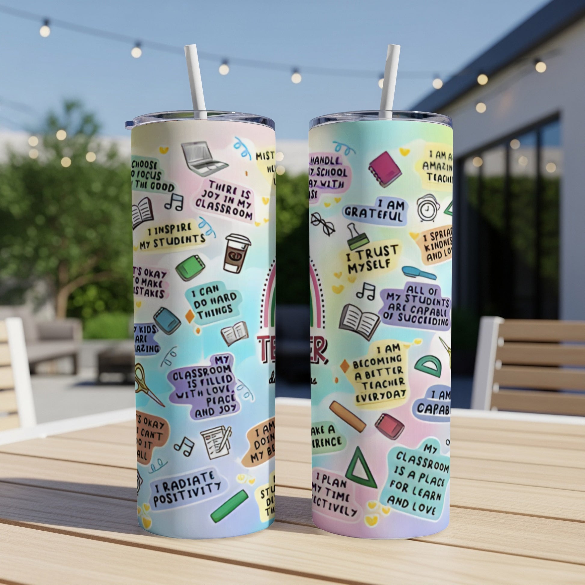 Two tumblers with colorful teacher-themed designs and motivational text.