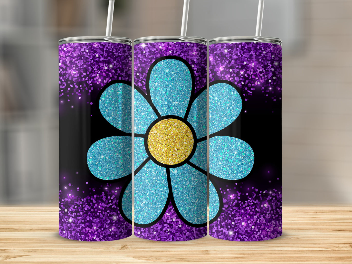 Sparkling Flower Design Purple and Blue Tumbler