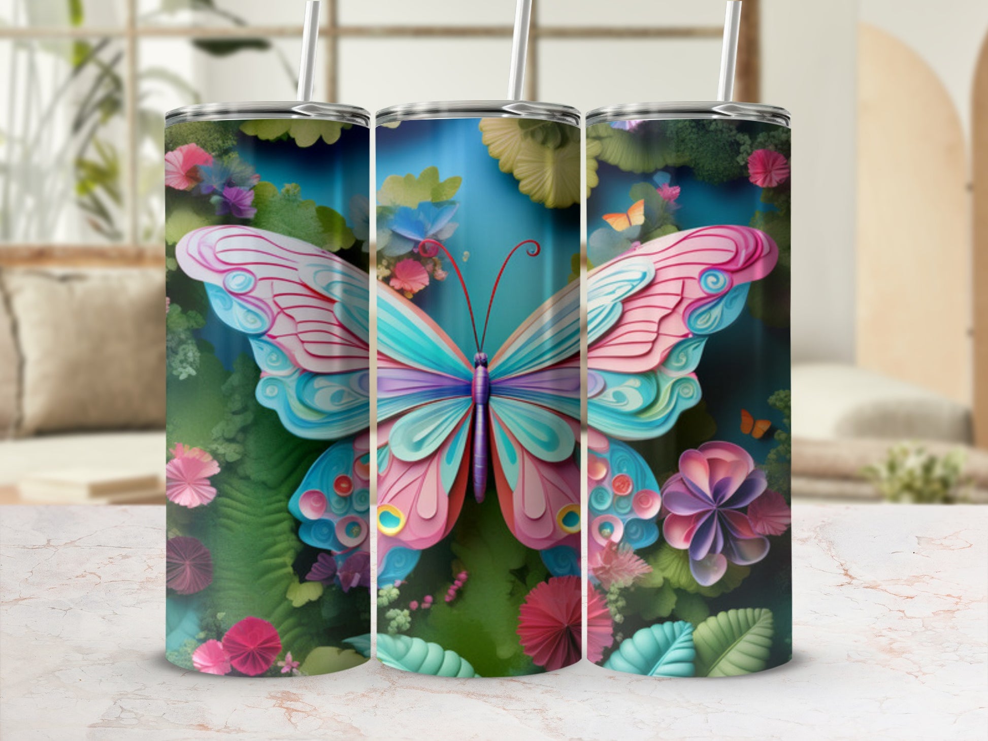 Butterfly and floral design on a blue background, displayed on three tumblers.