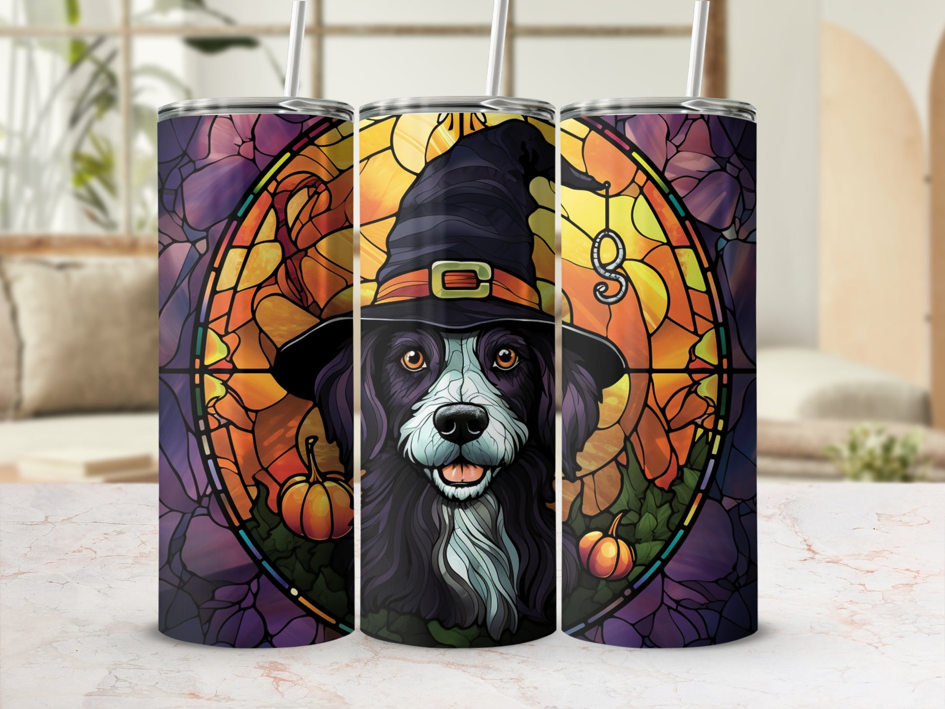 Border collie in witch hat, stained glass design with pumpkins.