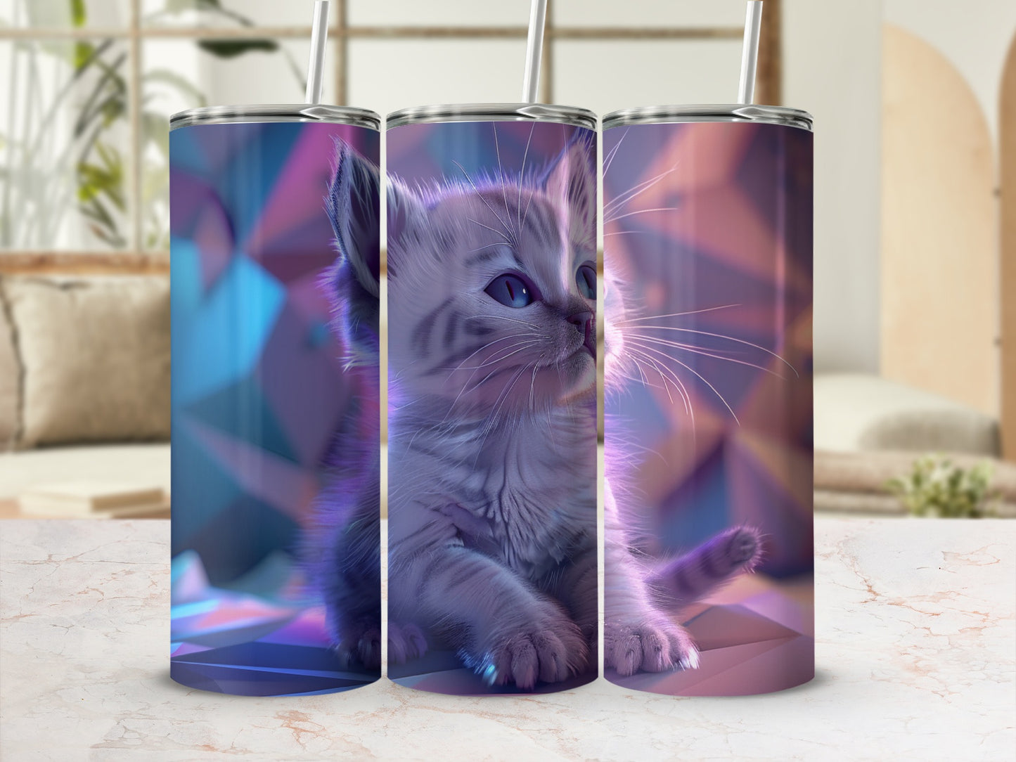 Three kitten tumblers with geometric background.