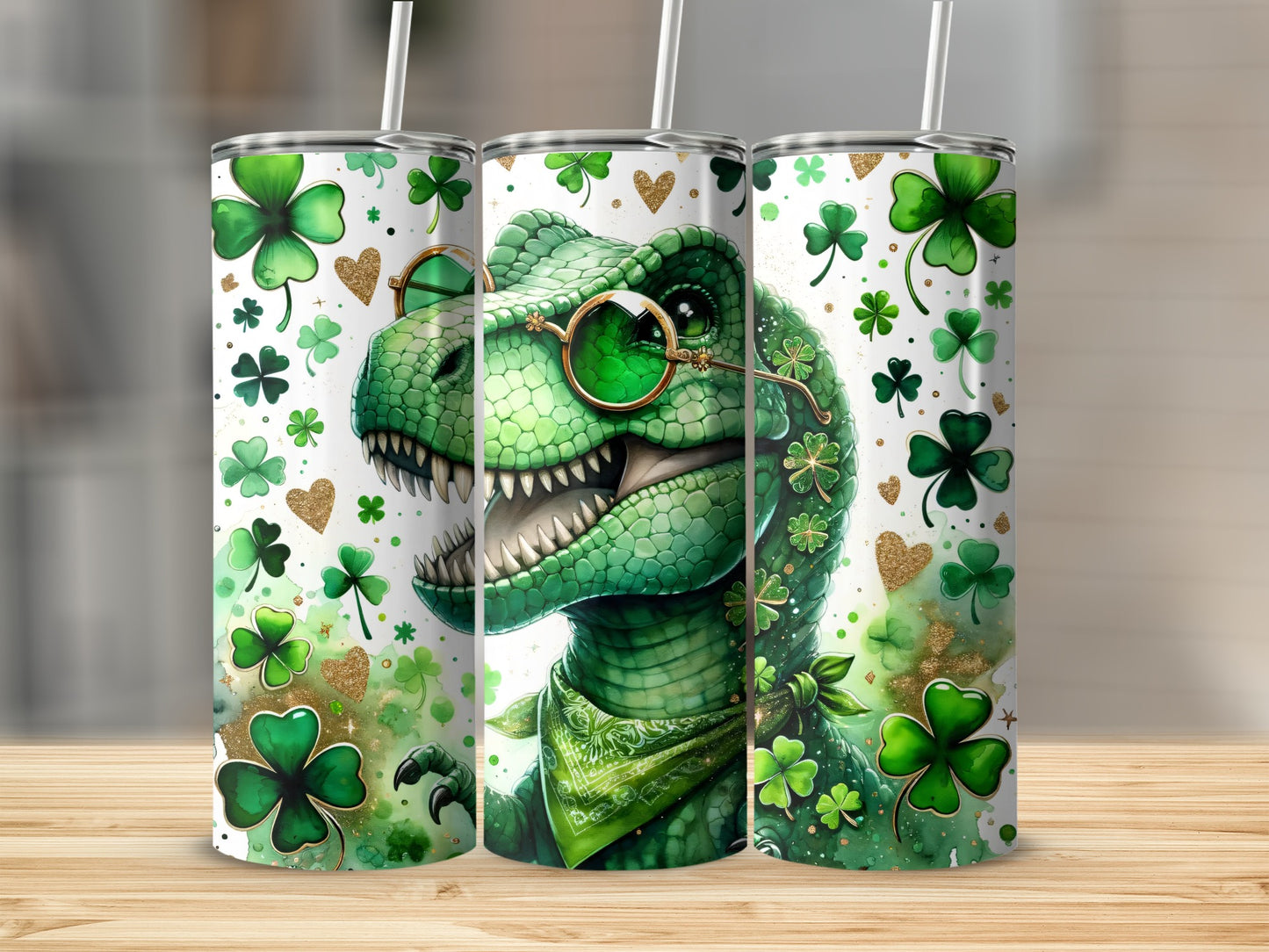 Green dinosaur with glasses and bandana on shamrock patterned tumbler.