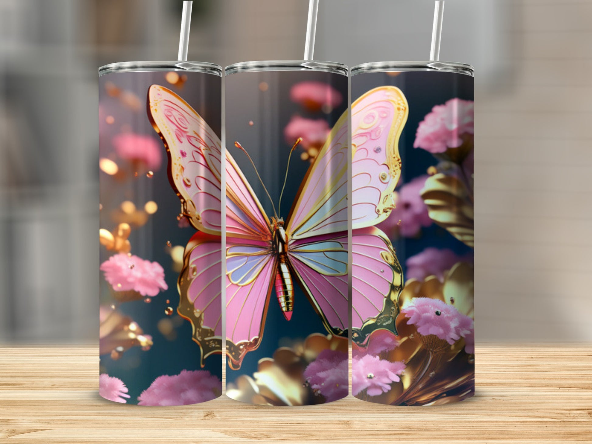 Pink butterfly with gold accents on a floral background.