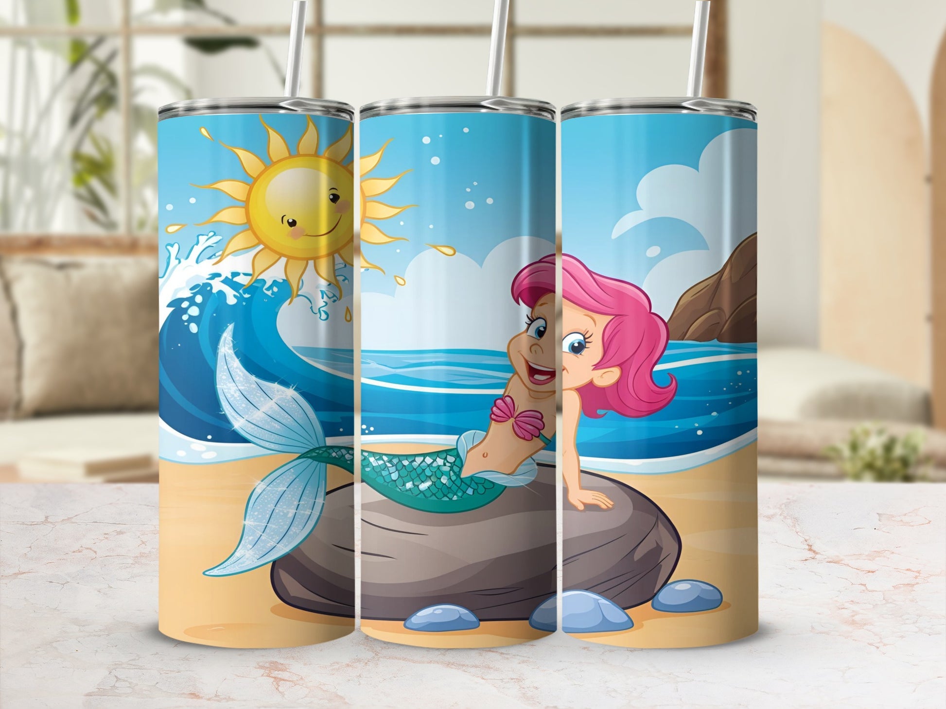 Cartoon mermaid with pink hair on a beach with sun and waves.