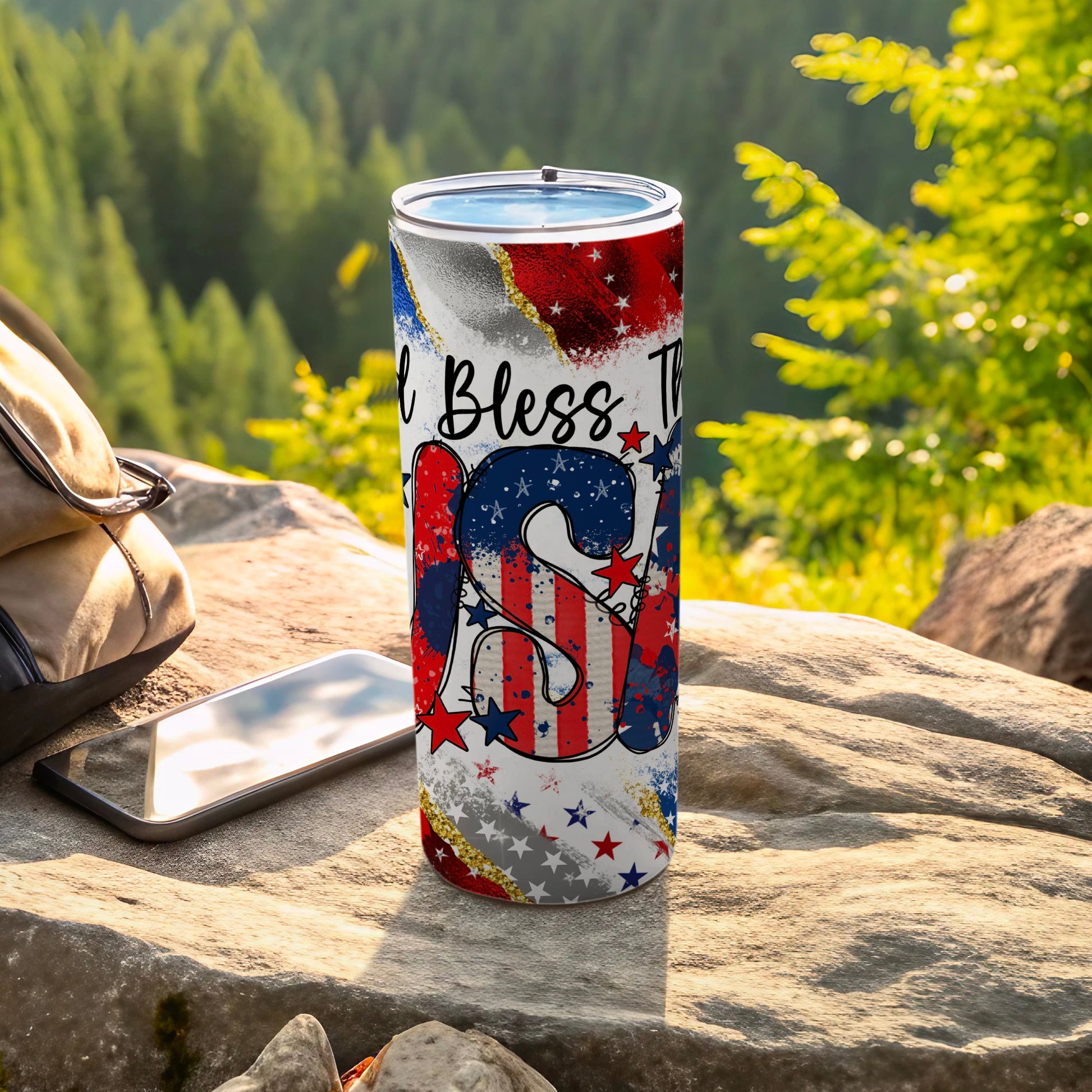 USA flag design patriotic tumbler with mountains in background