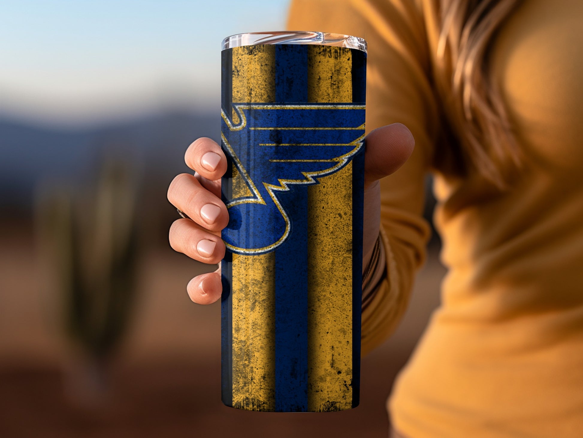 Distressed Blue and Yellow Pattern Travel Mug
