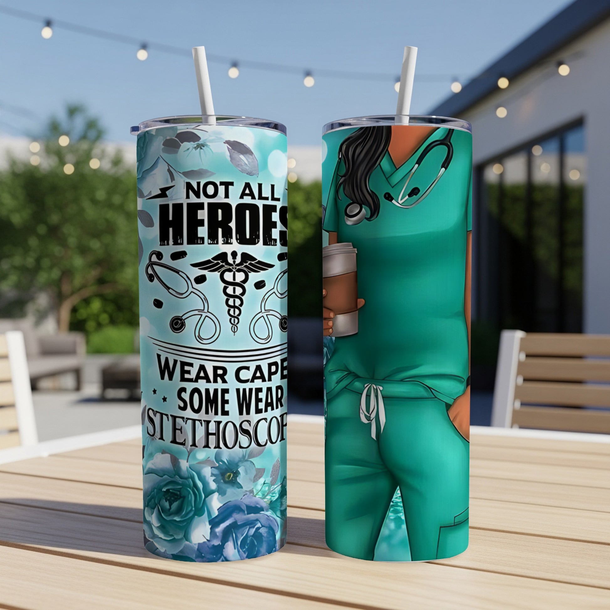 Two tall tumblers with a nurse theme, one with text, the other with a graphic.
