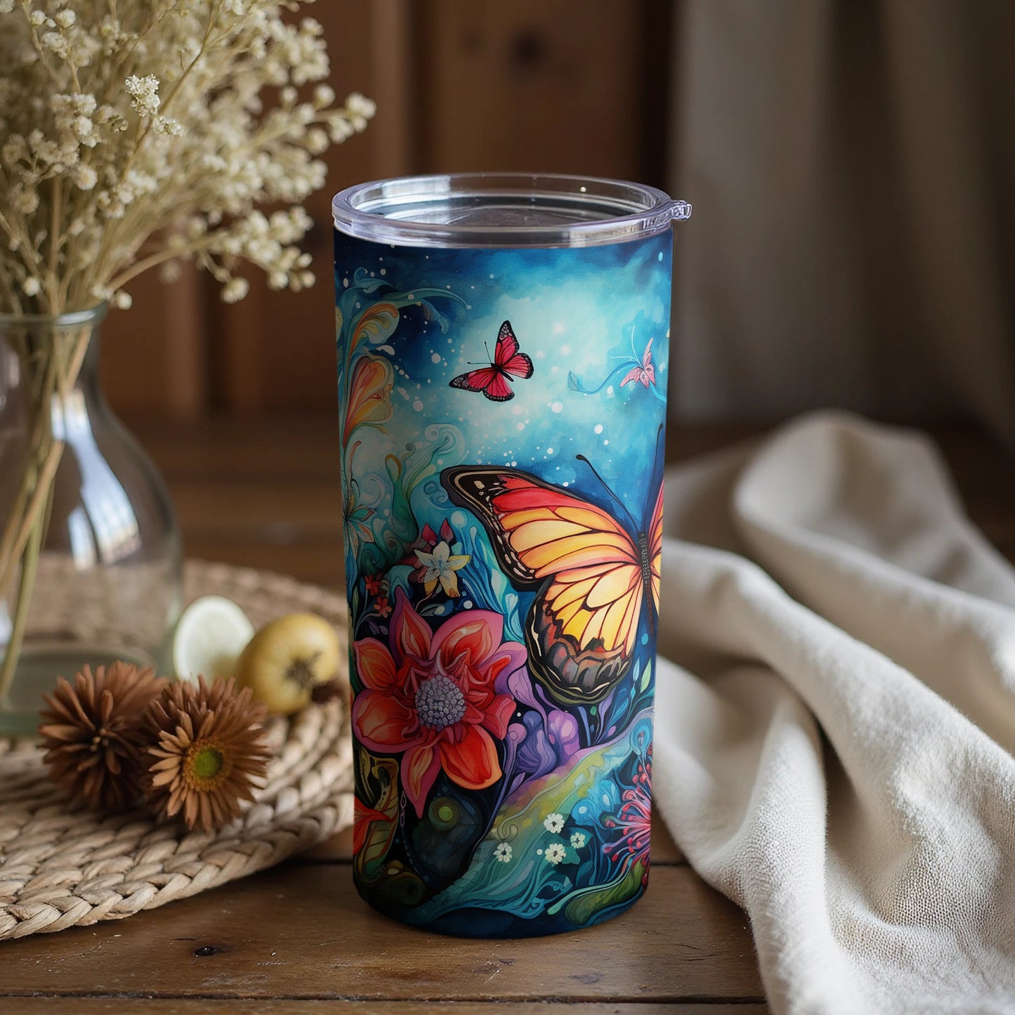 Vibrantly Designed Butterfly and Floral Decor Tumbler