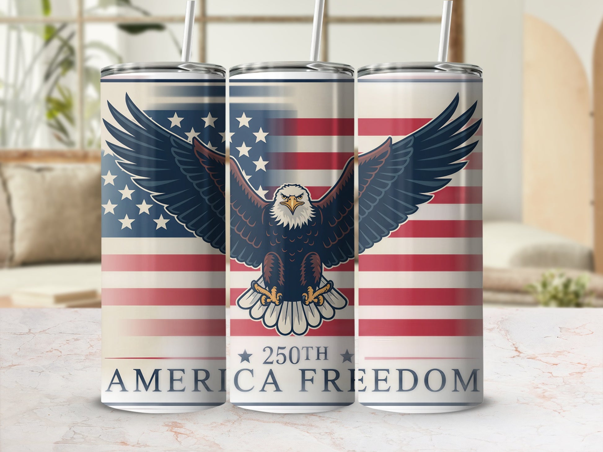 American flag tumbler with eagle and "America Freedom" text.
