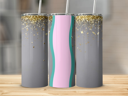 Three tumblers with grey, gold stars, and pink and blue wave designs.
