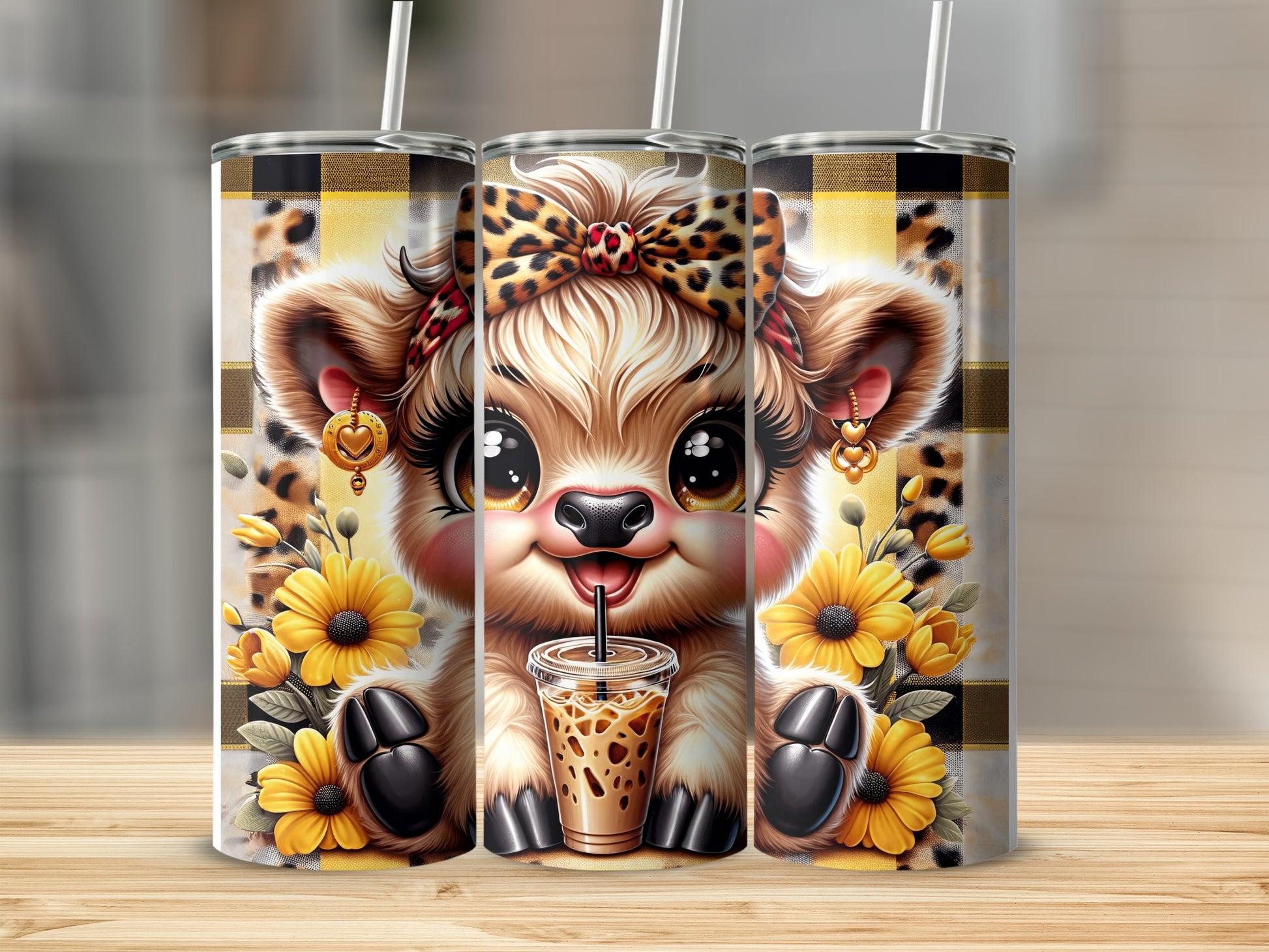 Cute cartoon cow with sunflowers and coffee, on a tumbler.