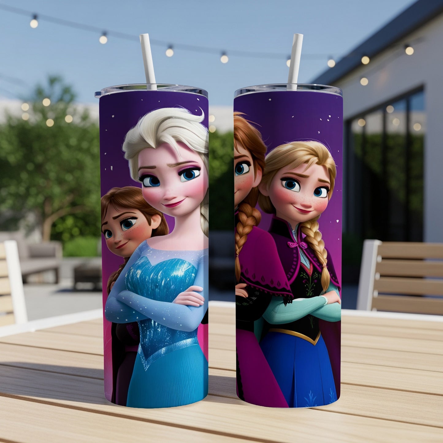 Elsa and Anna from Frozen on two tumblers with a starry night background.