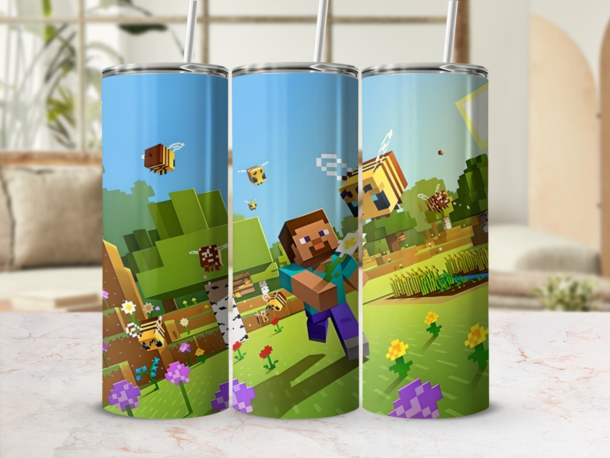 Blocky Adventure Themed Travel Tumbler with Straw