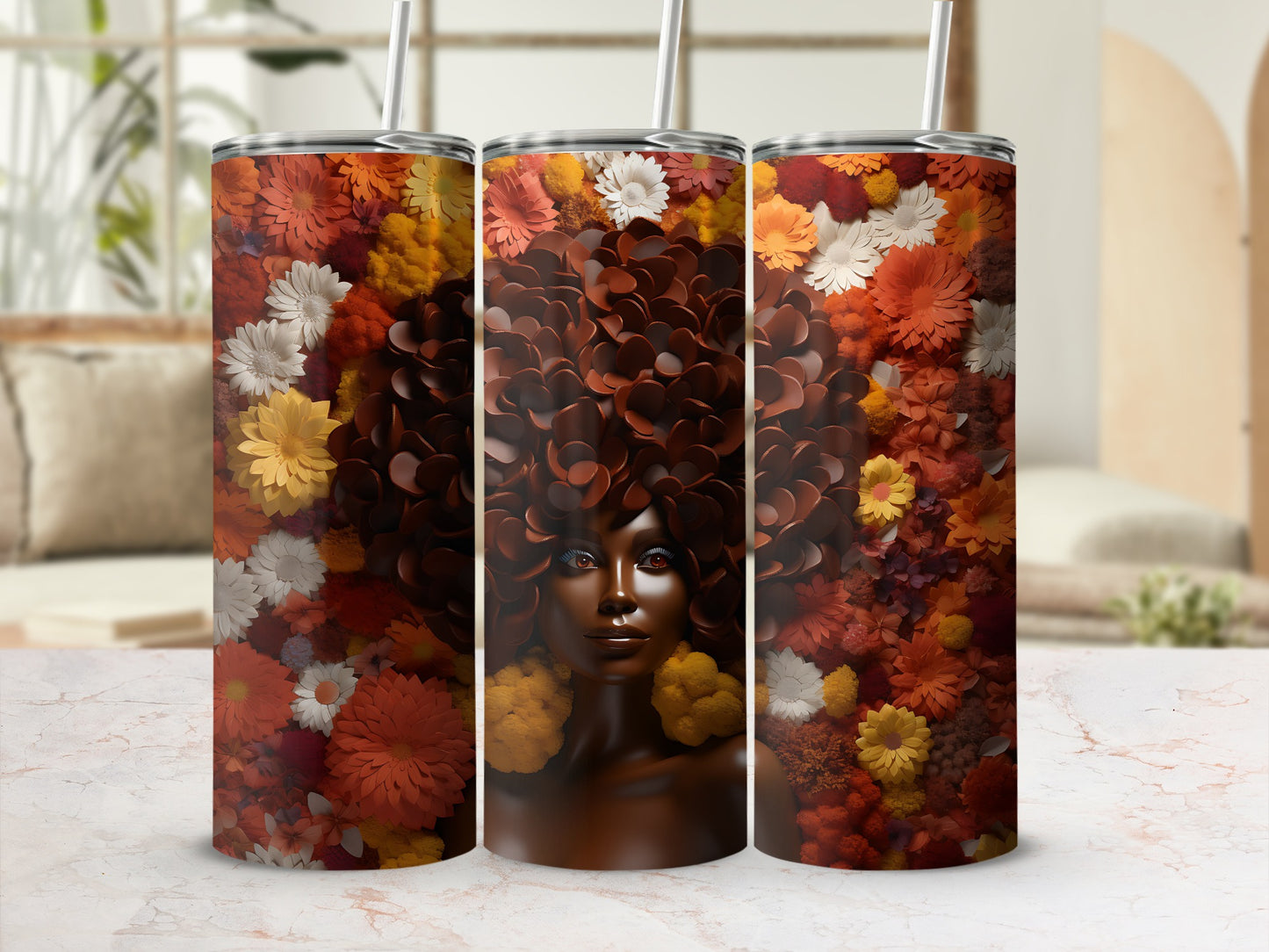 Triptych of tumblers featuring a woman with large floral hair and colorful blooms.