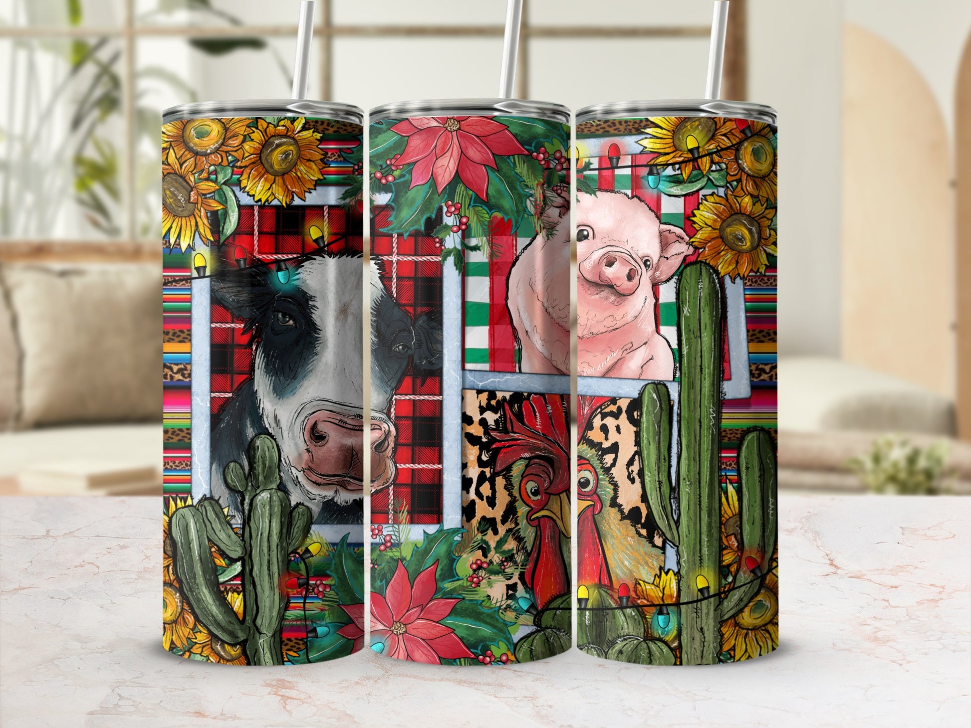 Tumbler with cow, pig, and rooster designs, sunflowers, poinsettias, and lights.