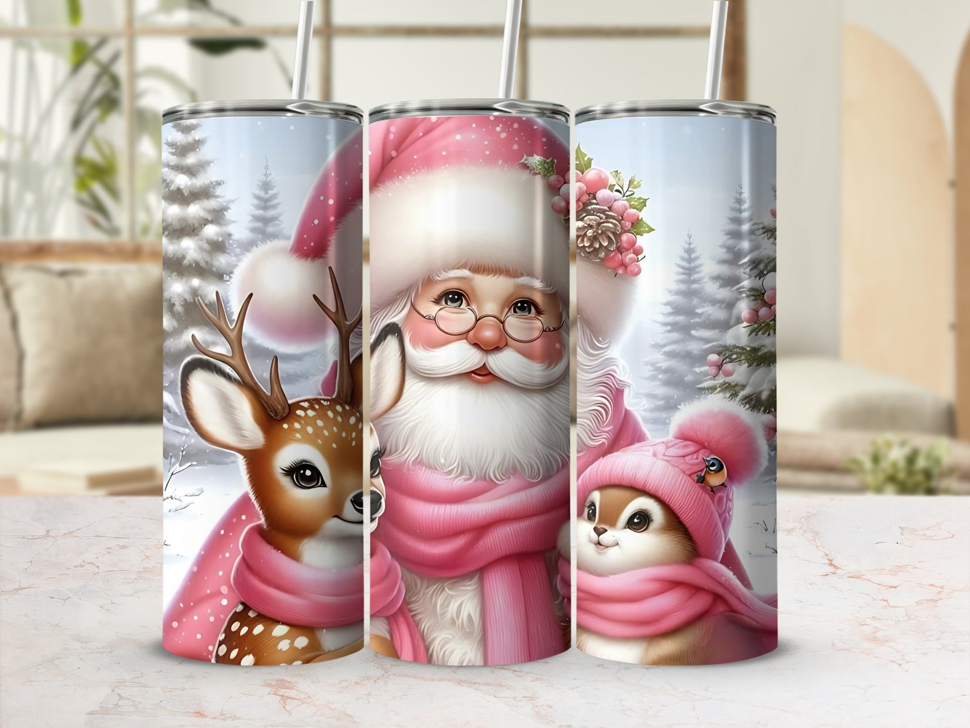 Festive Santa Reindeer and Penguin Christmas Tumbler