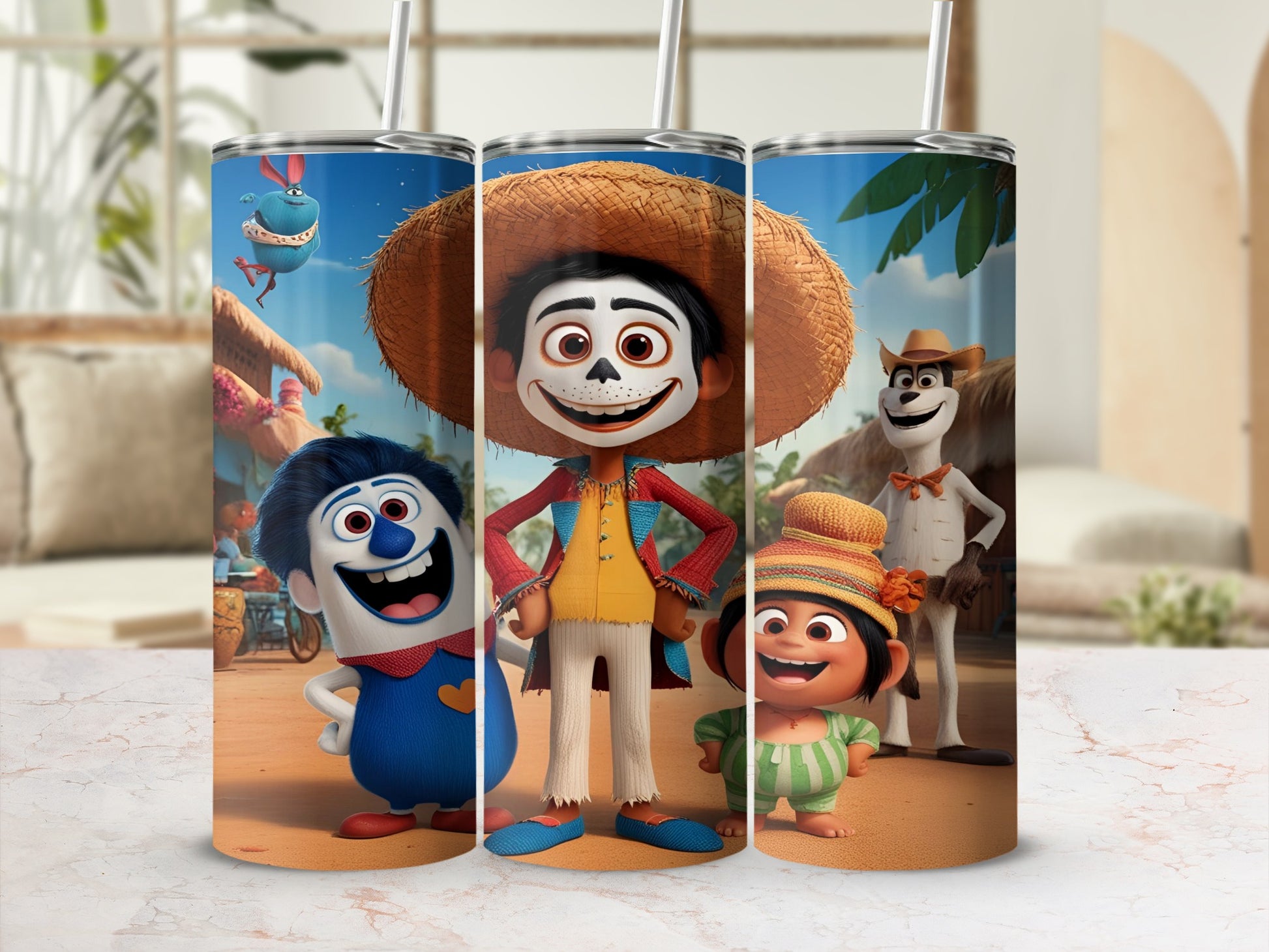 Animated characters on a patterned tumbler with straws.