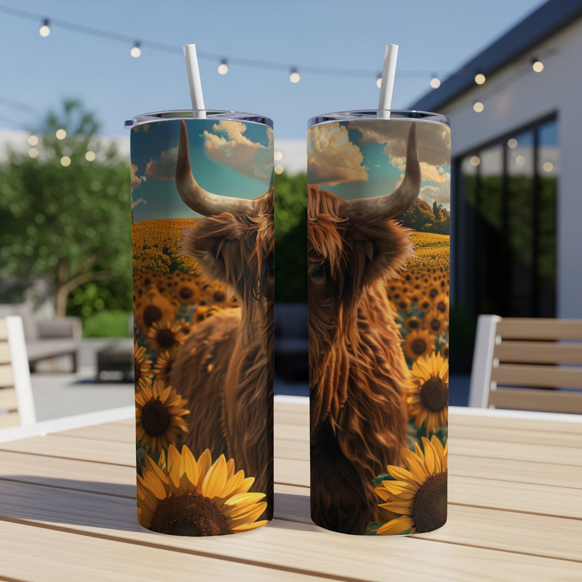 Two tumblers featuring a Highland cow in a sunflower field.