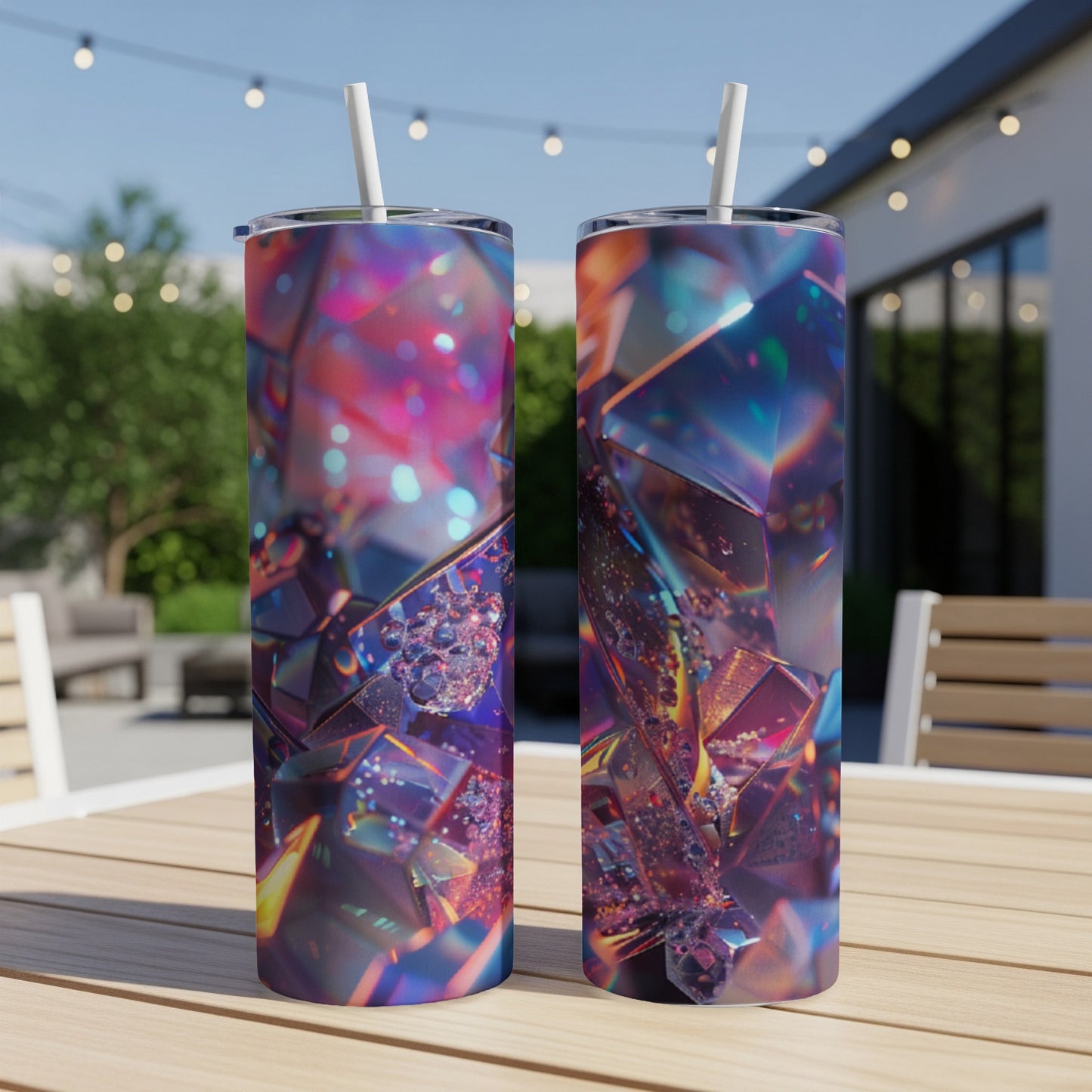 Two tumblers with abstract, iridescent crystal designs, on a table.