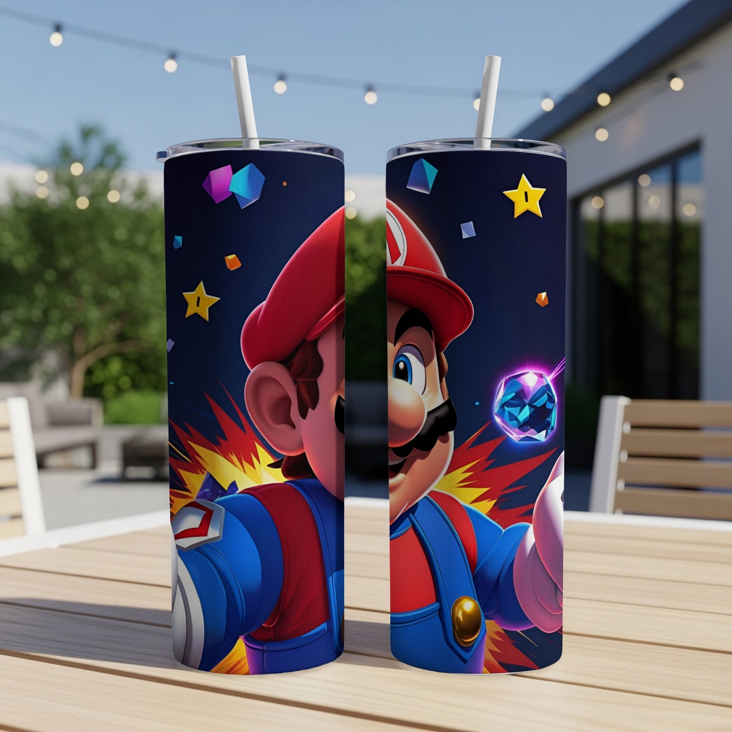 Mario holding a gem, with stars and colorful shapes.