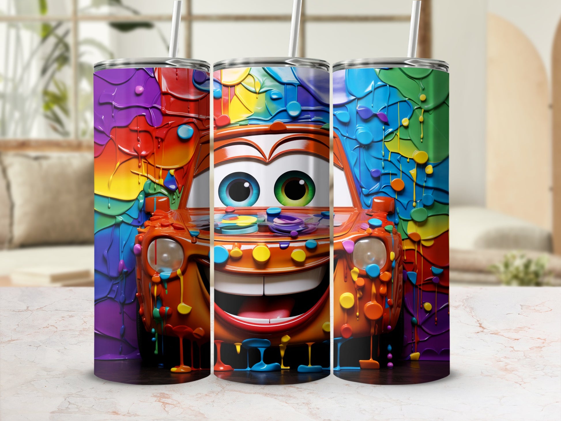 Colorful Car Themed Design Travel Tumbler Cup