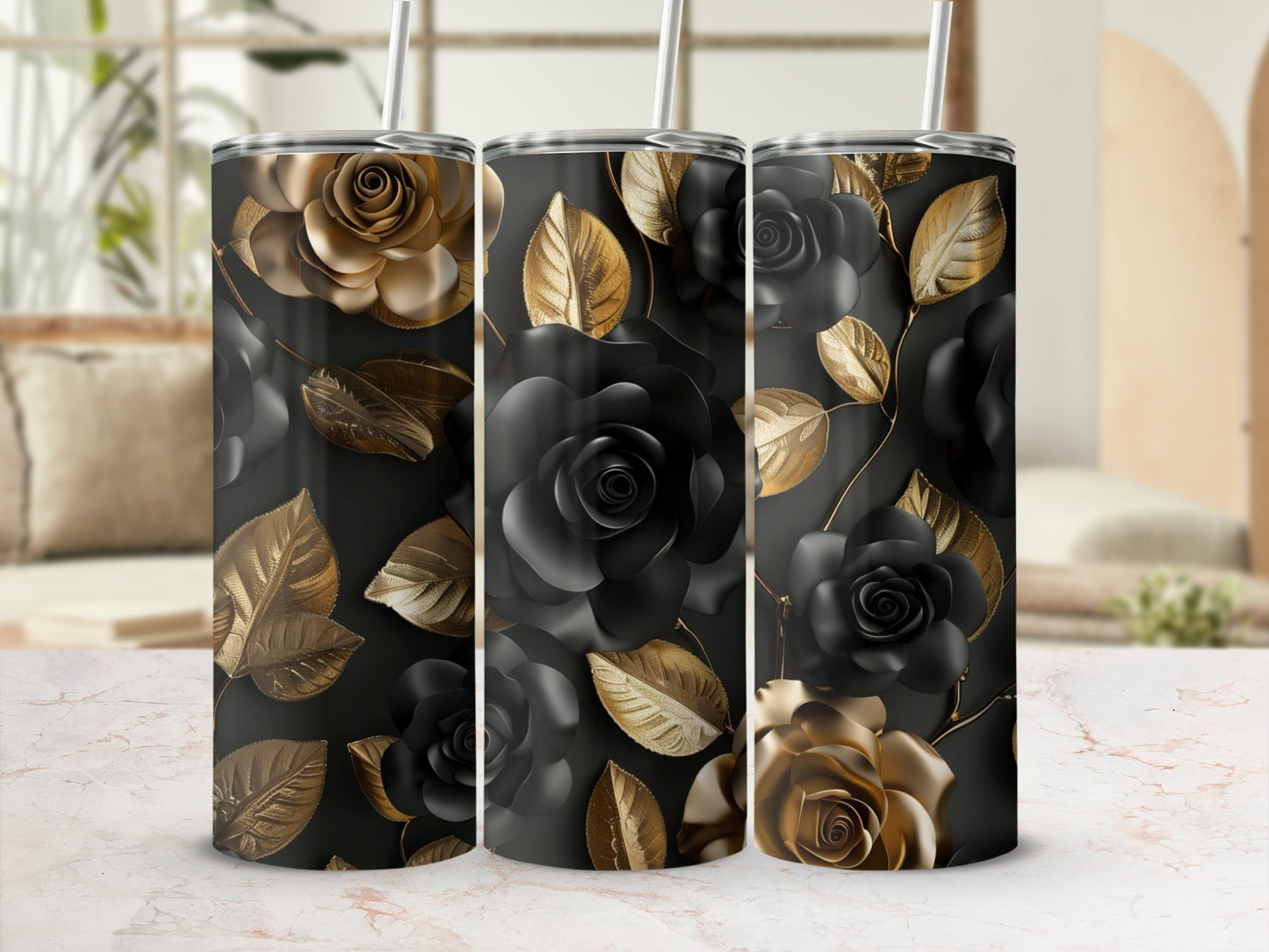 Three tumblers with black and gold rose and leaf patterns.