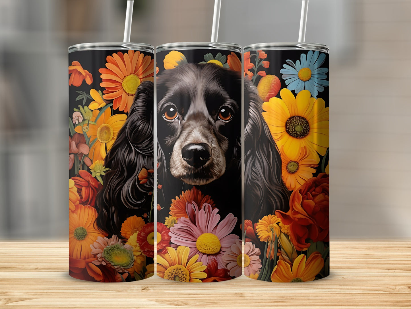 Black dog surrounded by vibrant orange and yellow flowers.