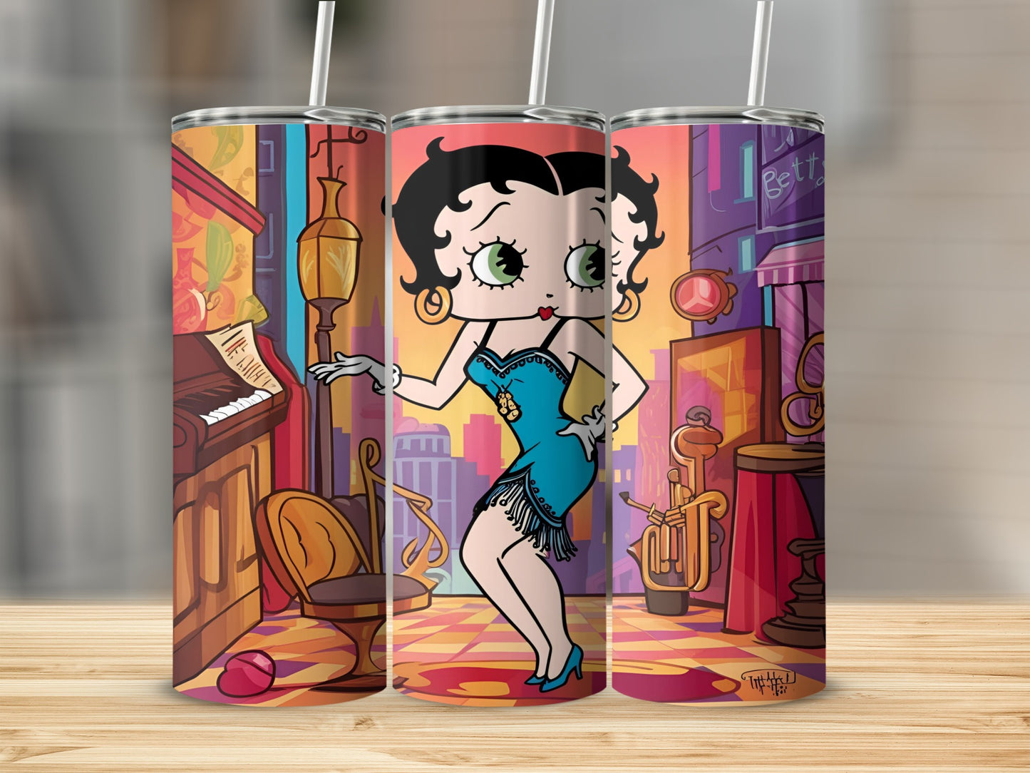 Betty Boop character in a blue dress with a cityscape background.