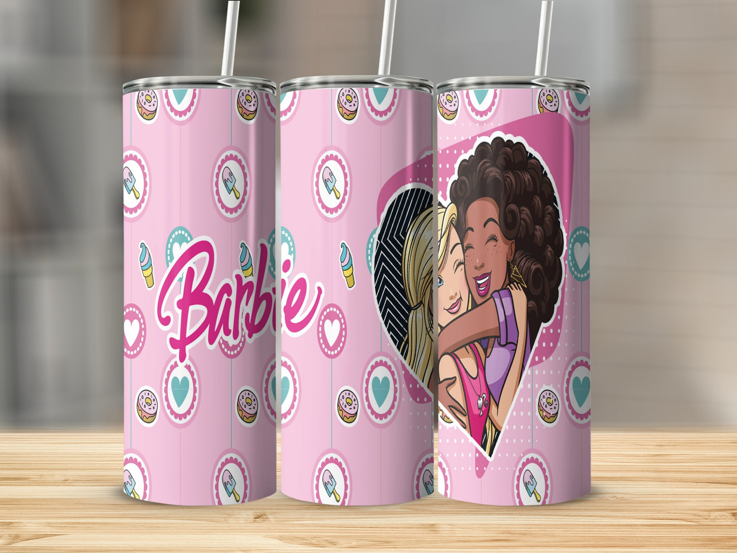 Pink Barbie tumbler with donuts, hearts, and two women hugging.