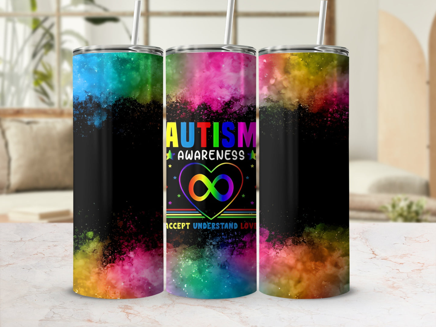 Tumbler with colorful "Autism Awareness" text and infinity heart symbol.