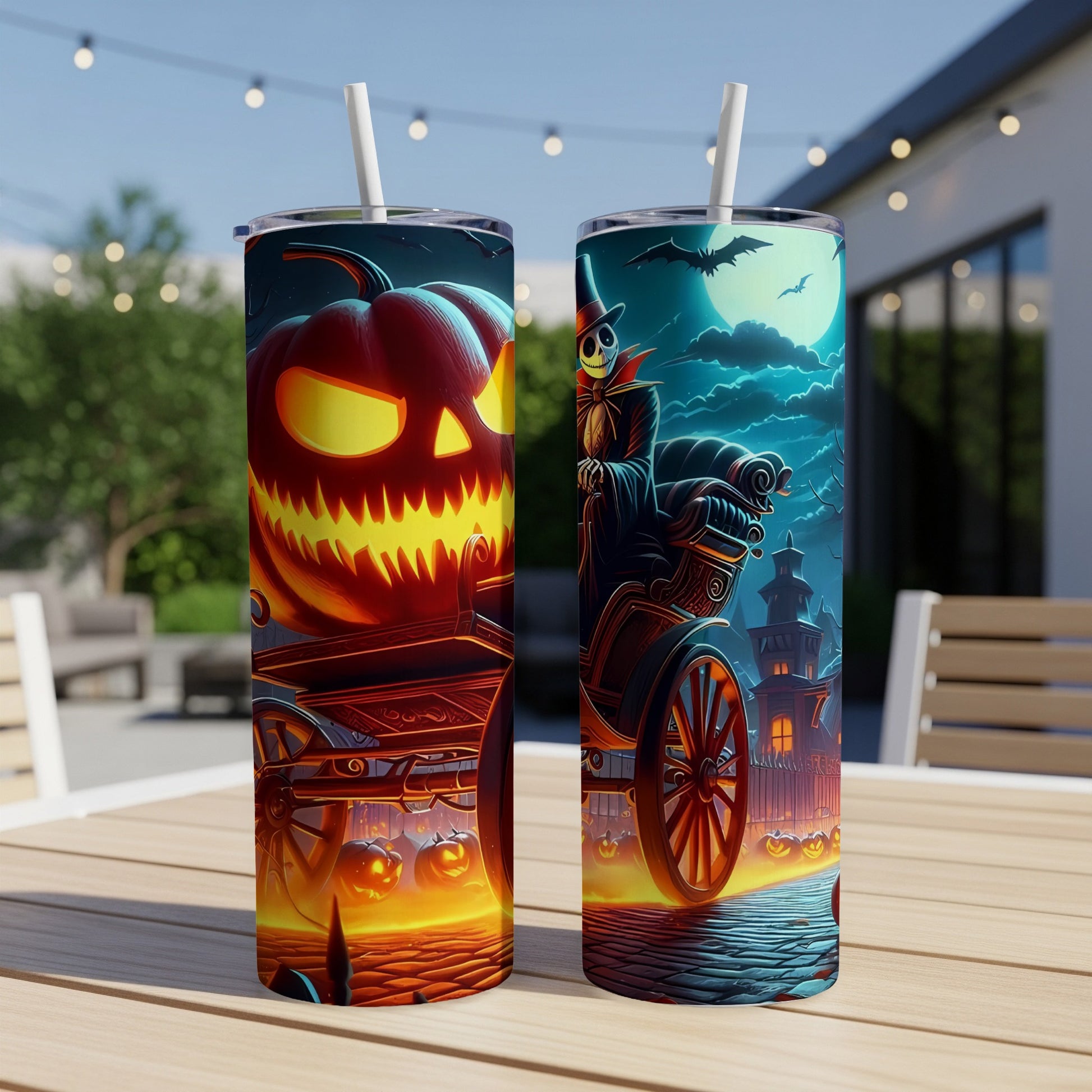 Two Halloween-themed tumblers with spooky designs of a pumpkin carriage and a skeleton in a carriage.