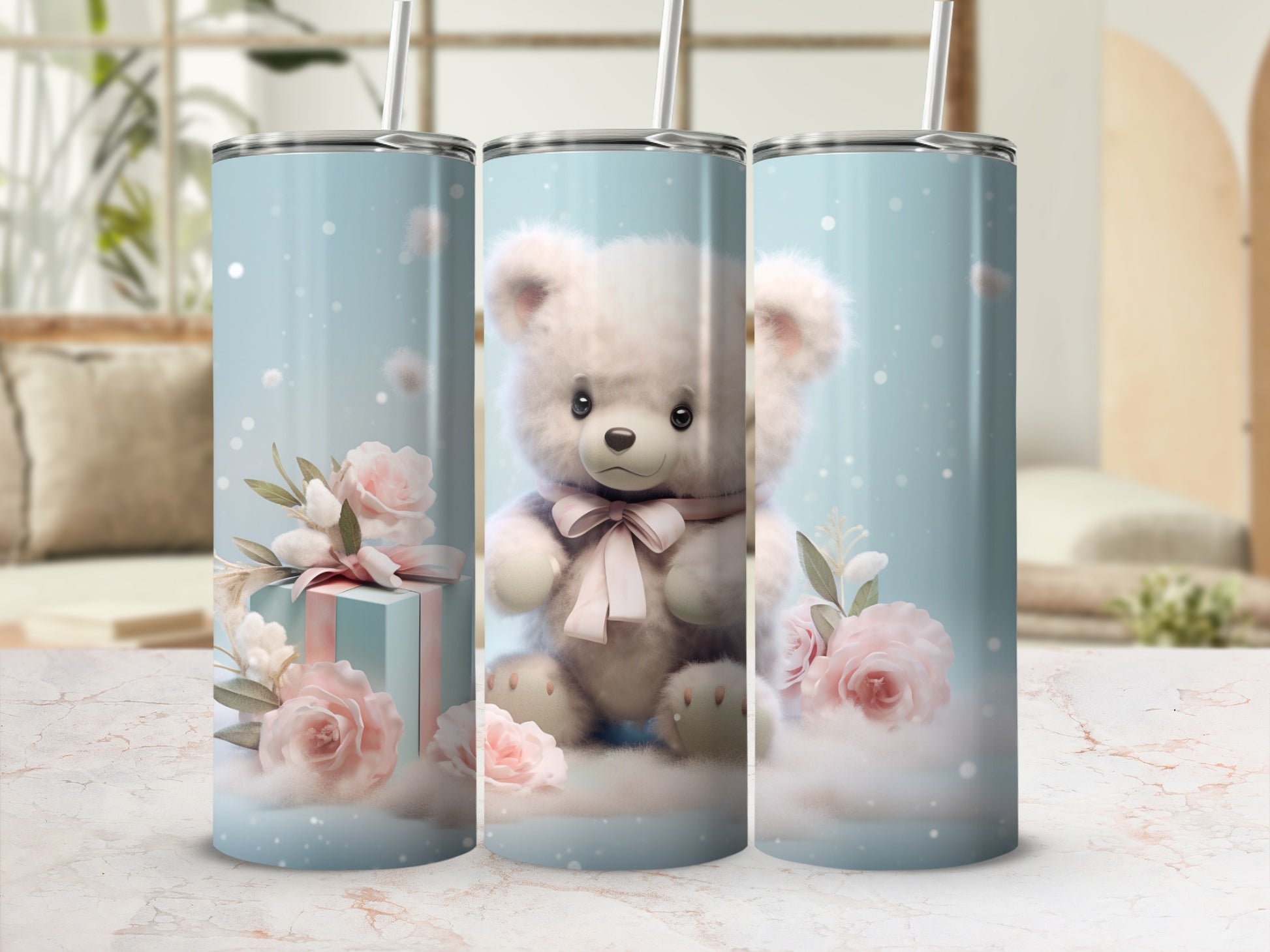 Charming White Bear Pink Roses Blue Gift Box Fluffy Tumbler product type