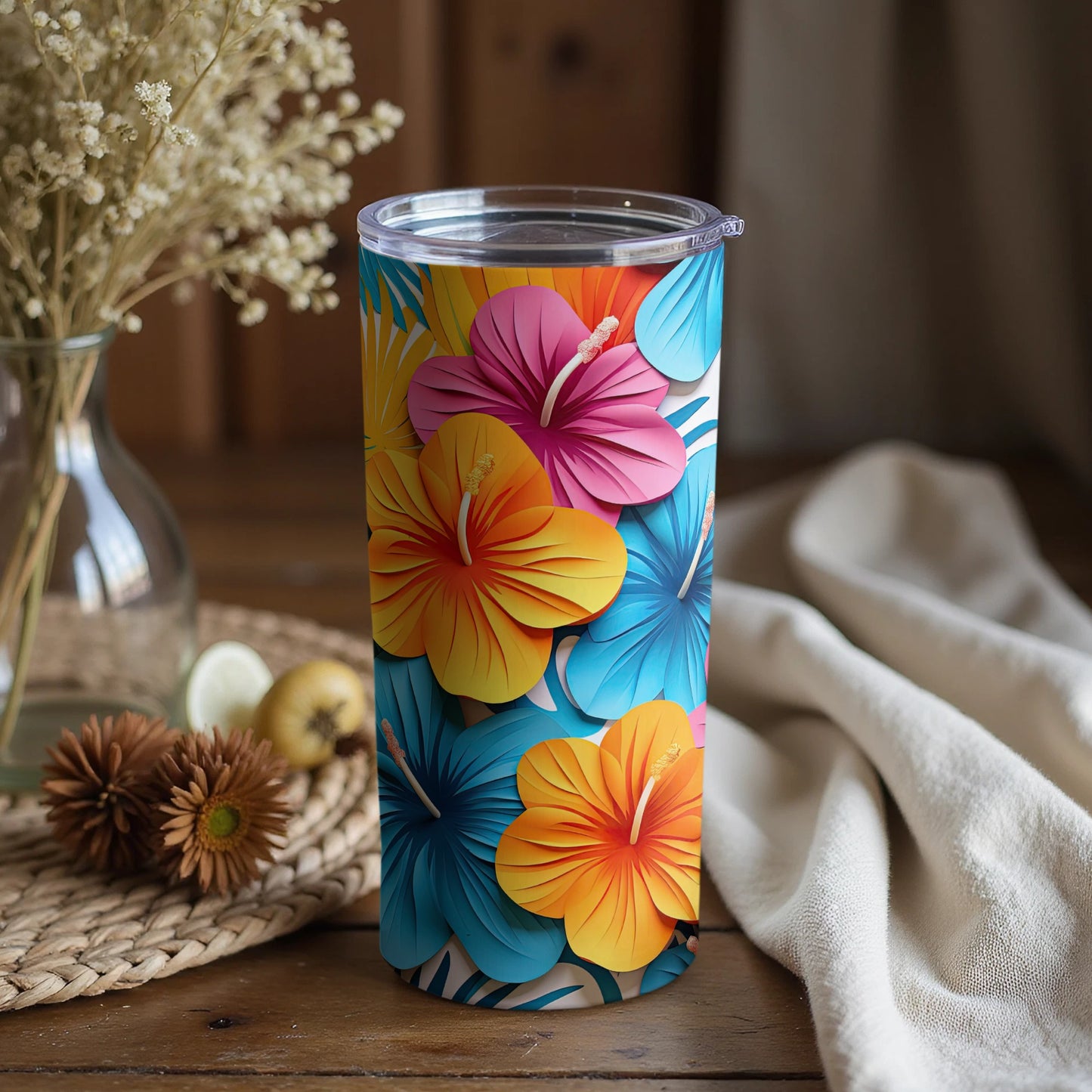 Floral Hibiscus Pattern Travel Tumbler